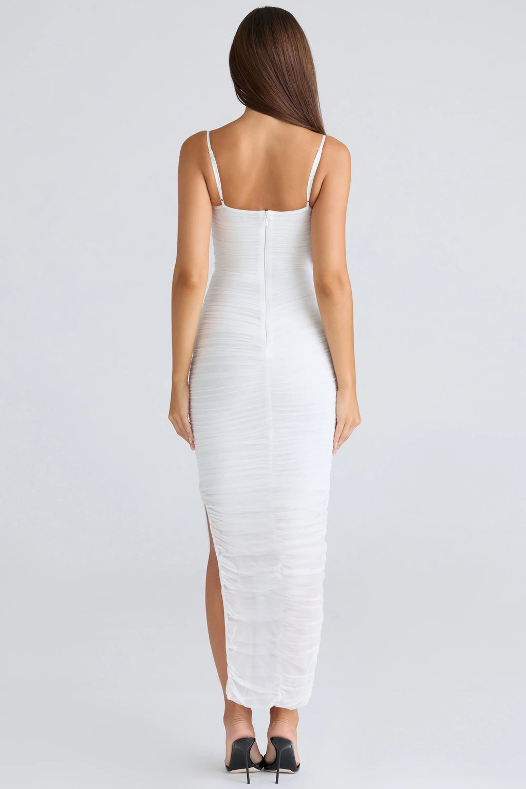 white gathered stretch mesh maxi dress