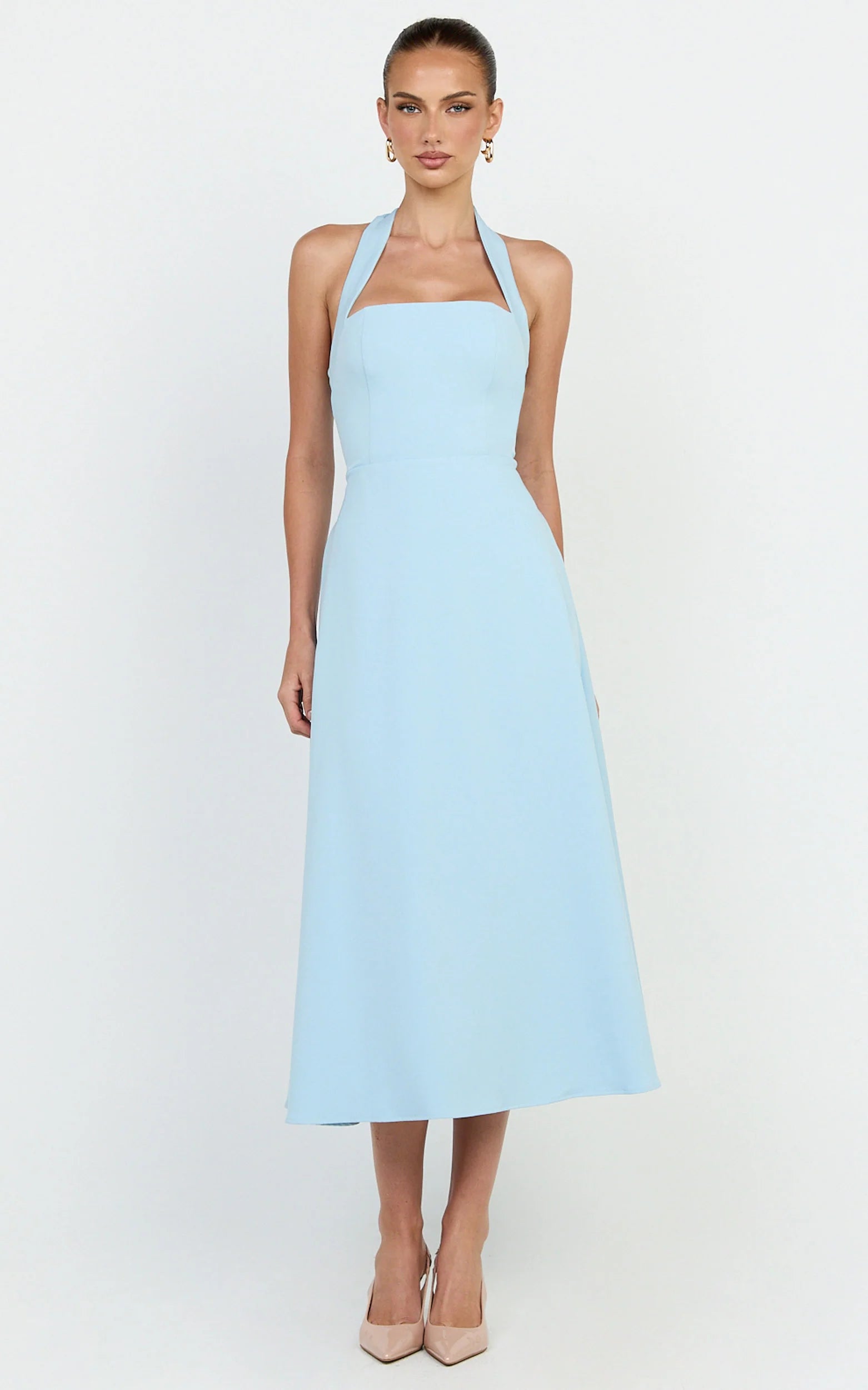 Karissa Midi Dress - Halter Neck Fitted Bodice Midi Soft A Line Skirt Dress in Pale Blue