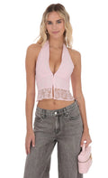 Motif V-Neck Halter Top in Pink