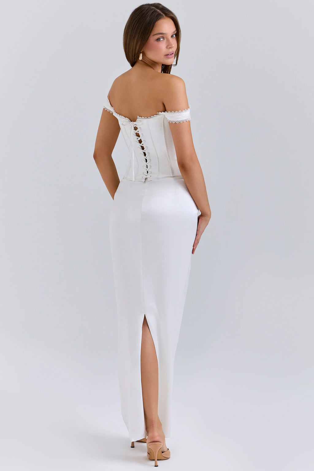 ivory satin corset maxi dress