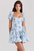 blue rose print cotton mini dress