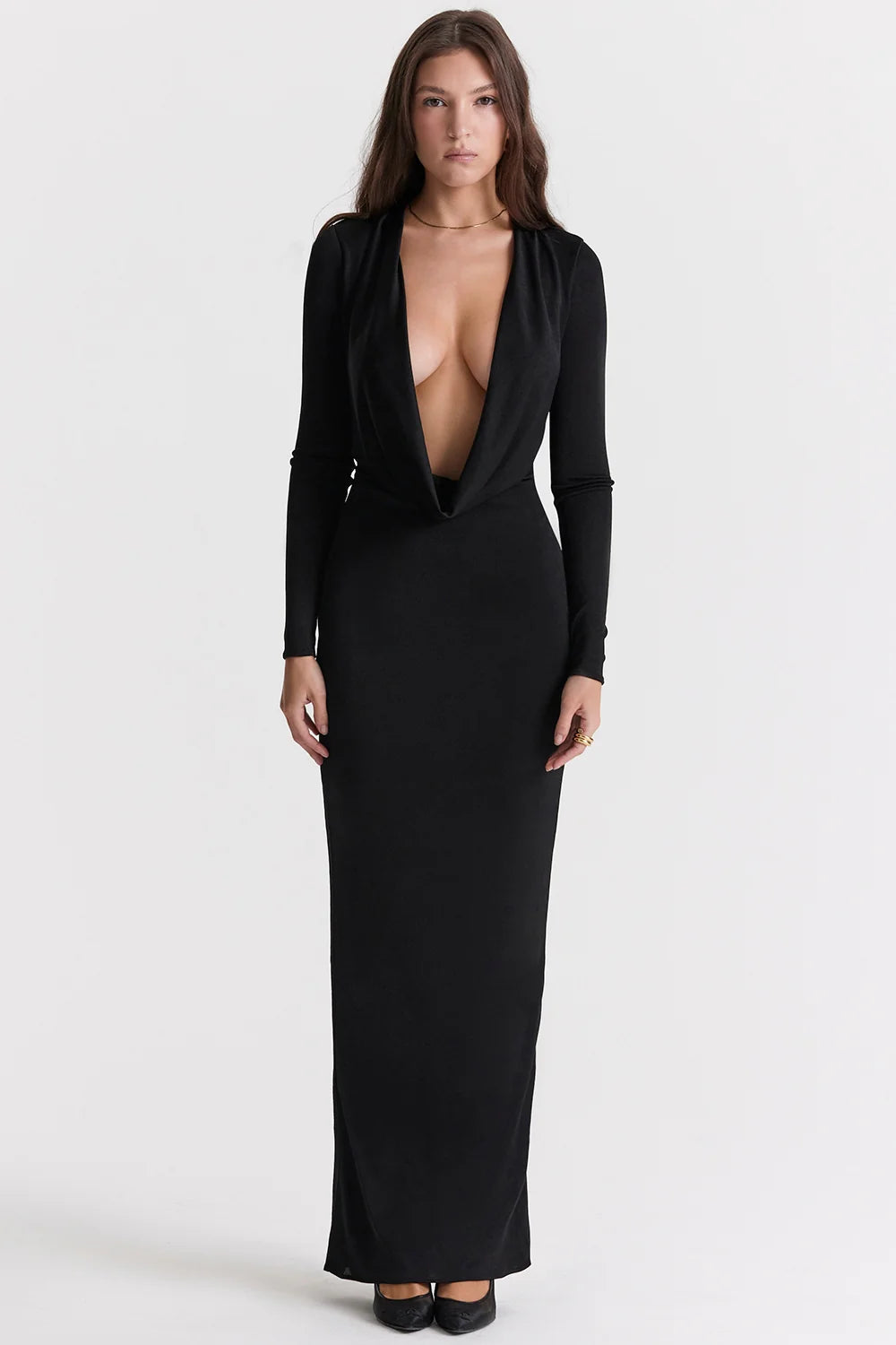 black draped maxi dress