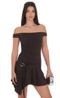 Embellished Off Shoulder Flare Dress in Brown