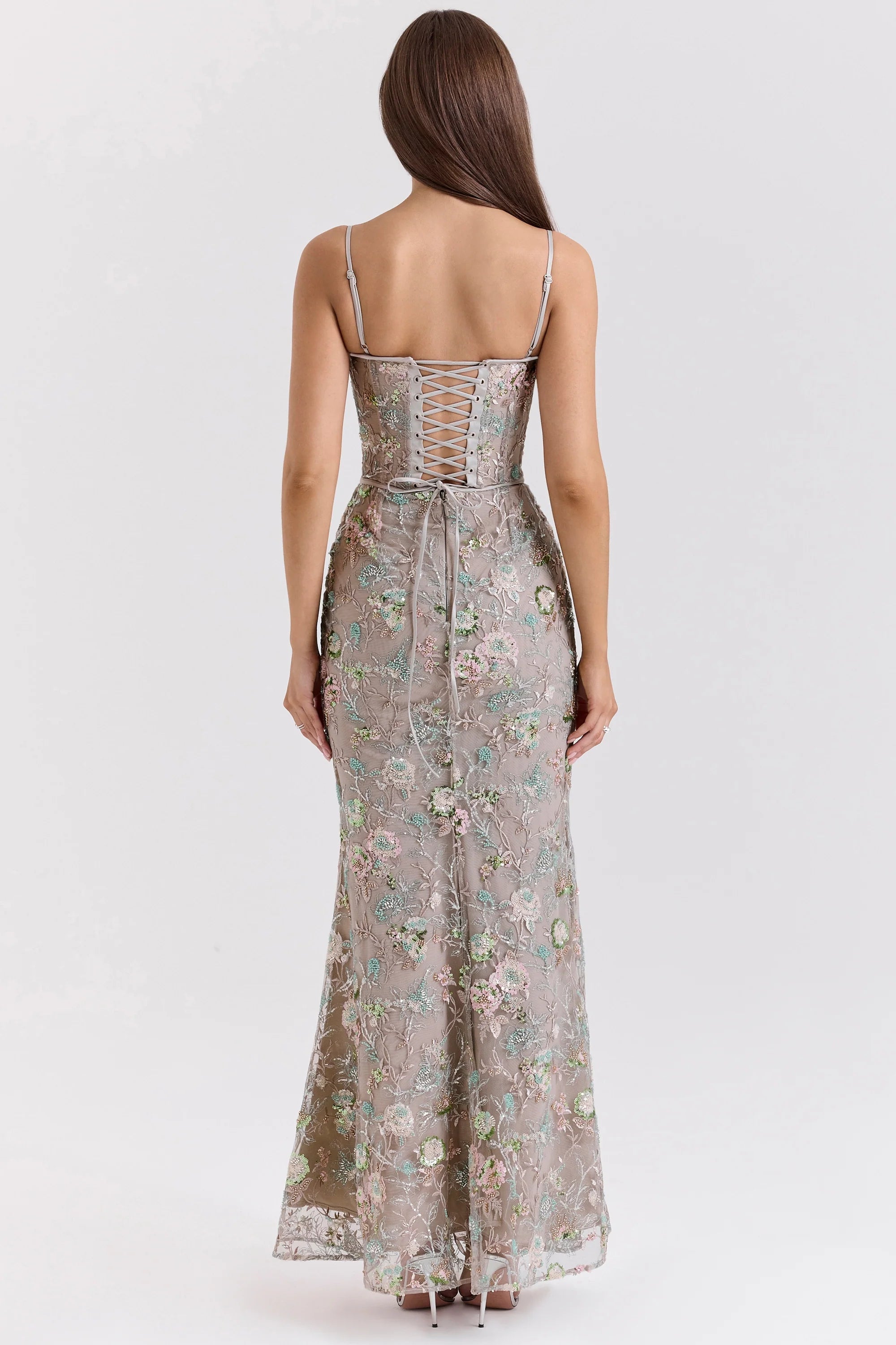 silver embellished beaded corset maxi dress