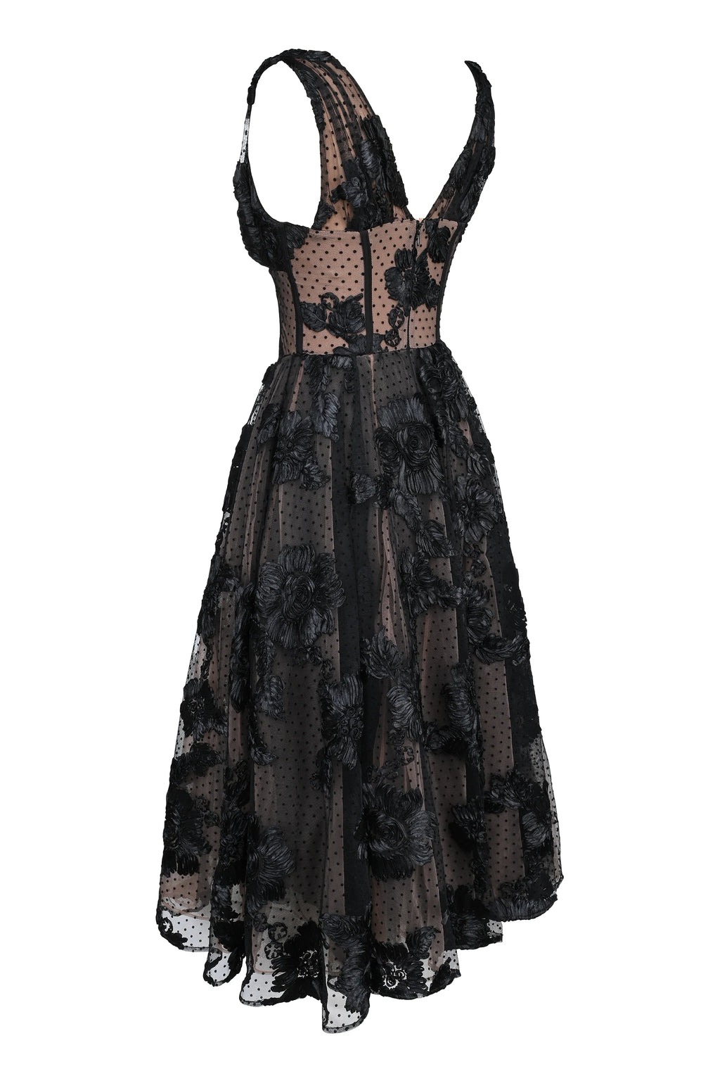 black embroidered tulle corset midi dress