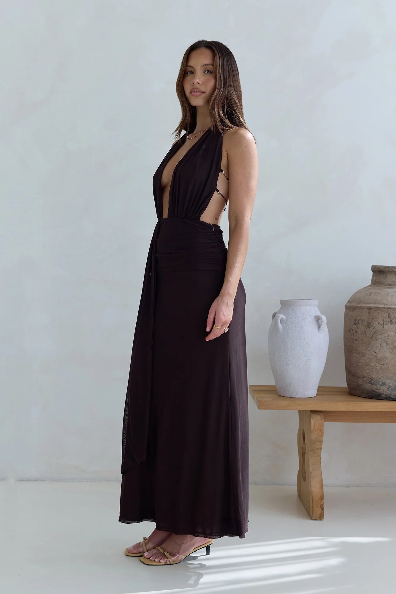 Make Your Mark Mesh Halter Maxi Dress Brown