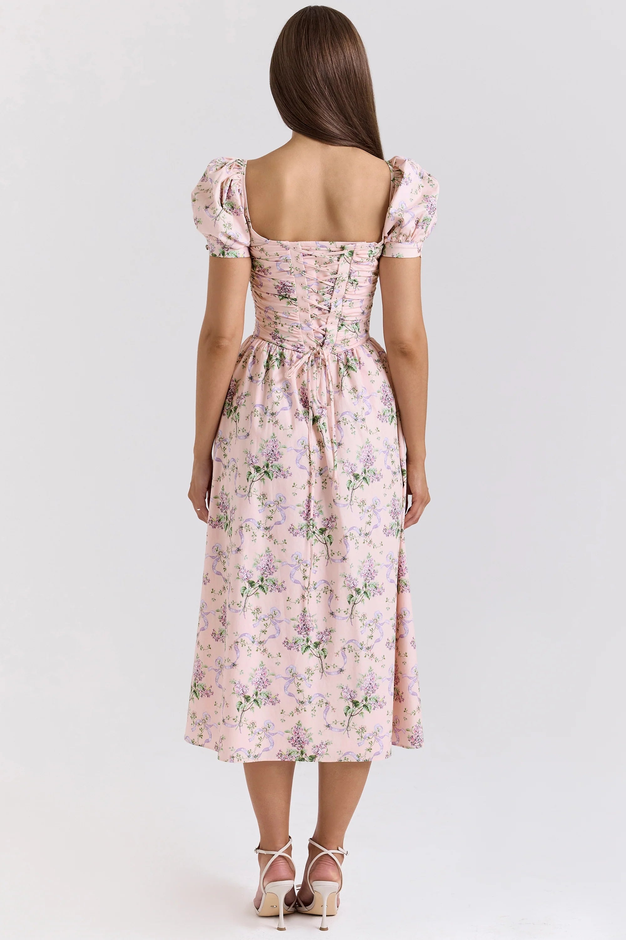 pink ribbon print cotton midi dress