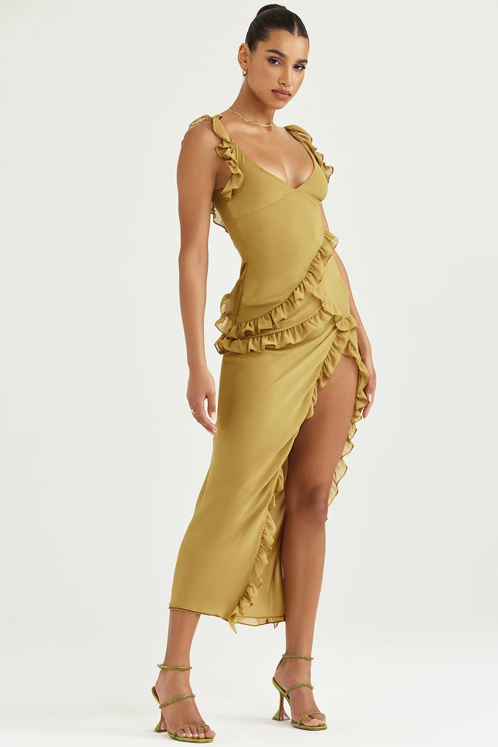olive ruffle maxi dress