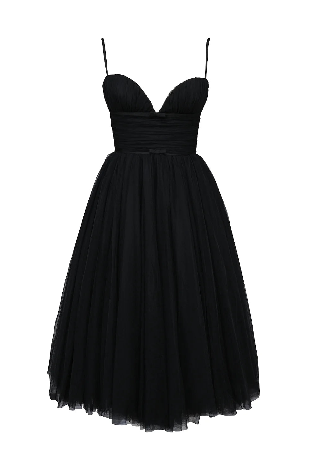 black tulle ruched bodice midi dress - sale