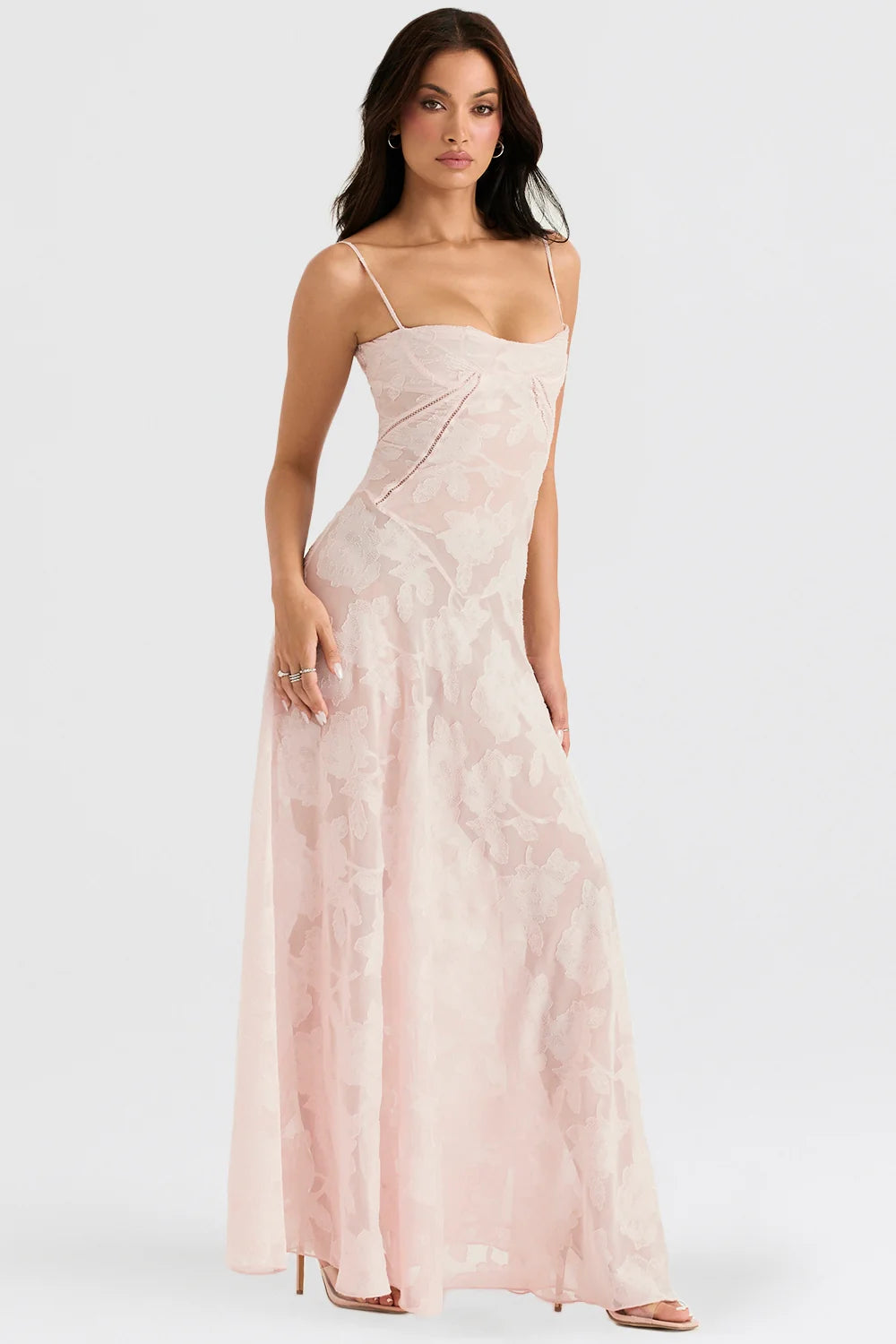 soft pink floral lace back maxi dress