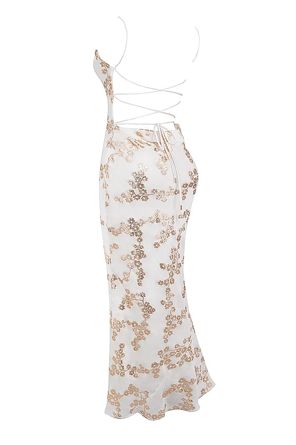 white & gold jacquard satin gown