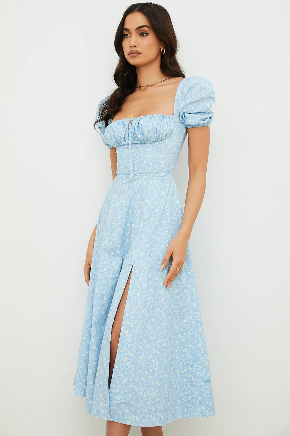 blue ivory floral puff sleeve midi dress