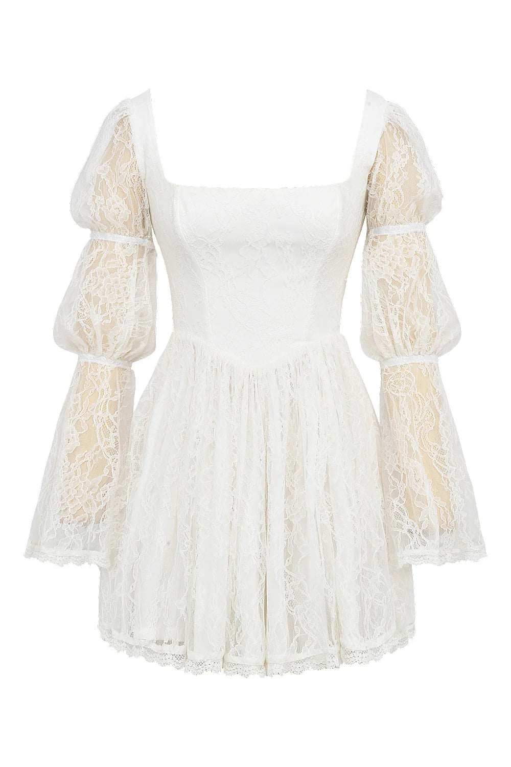 white lace puff sleeve mini dress