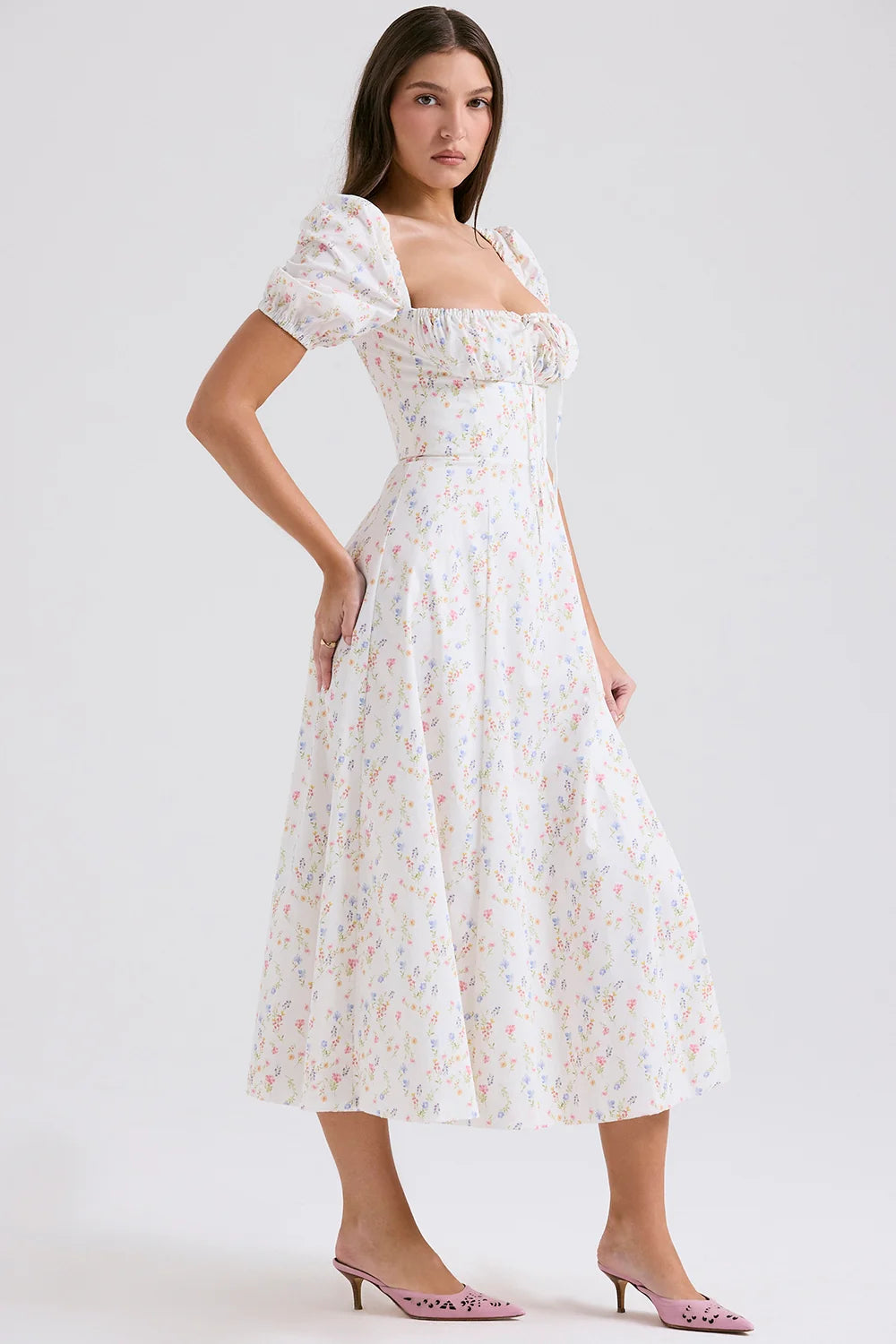 white posy print cotton puff sleeve midi sundress