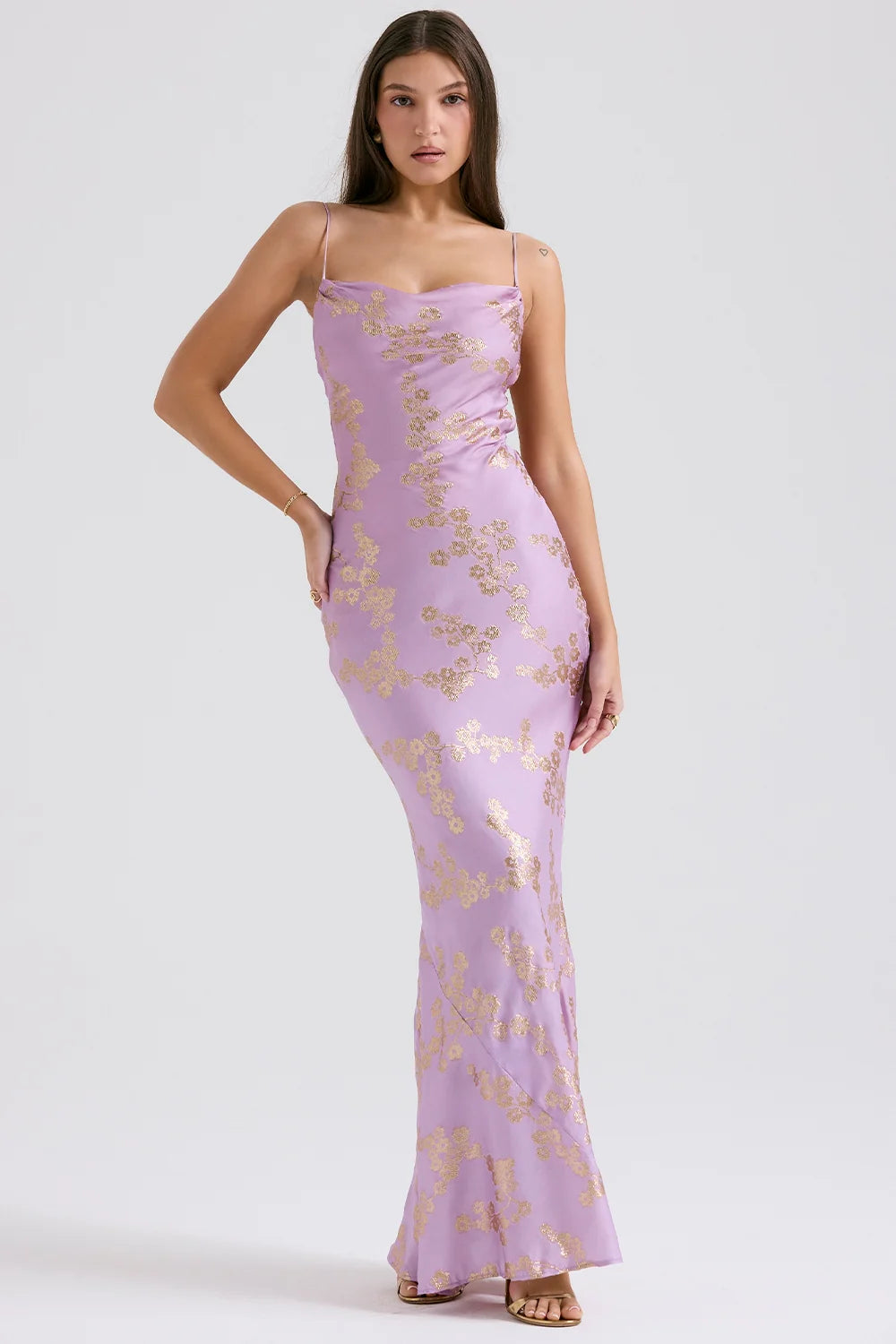 orchid jacquard satin gown