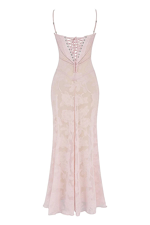 soft pink floral lace back maxi dress