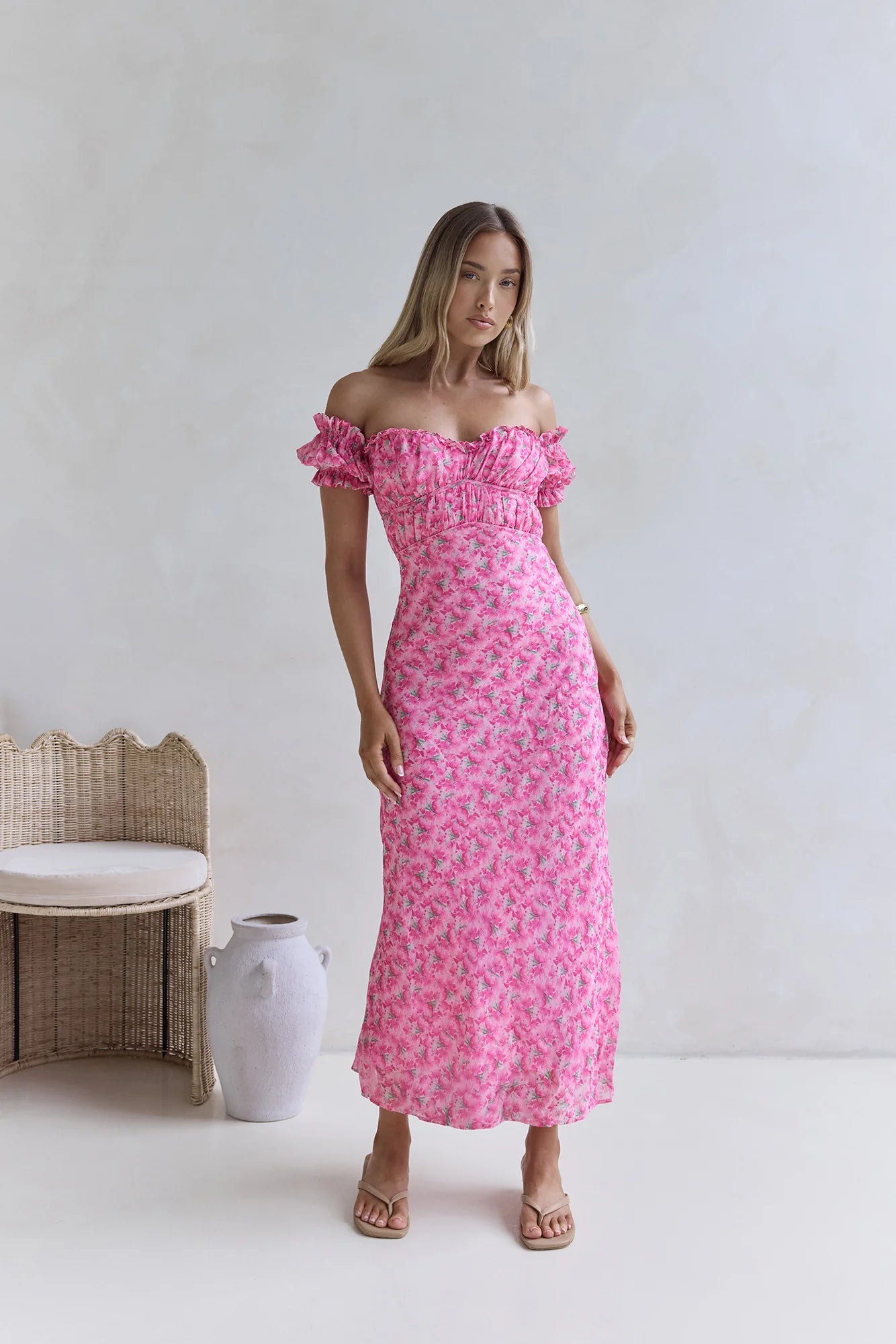Kissed By The Sun Off Shoulder Maxi Dress Pink