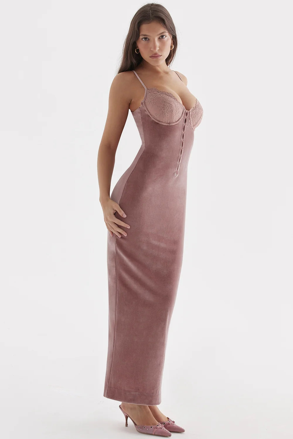 soft pink velvet midi dress