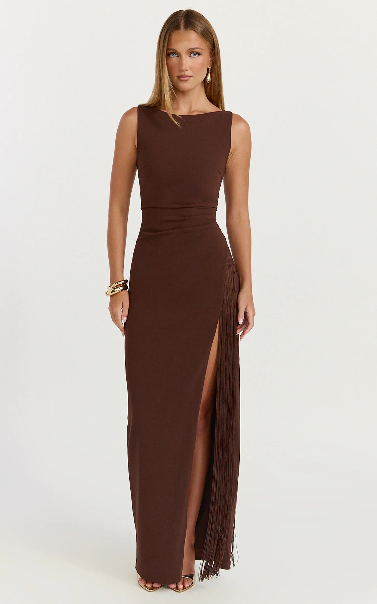 Joanne Maxi Dress - Scoop Neck Fringe Dress in Chocolate