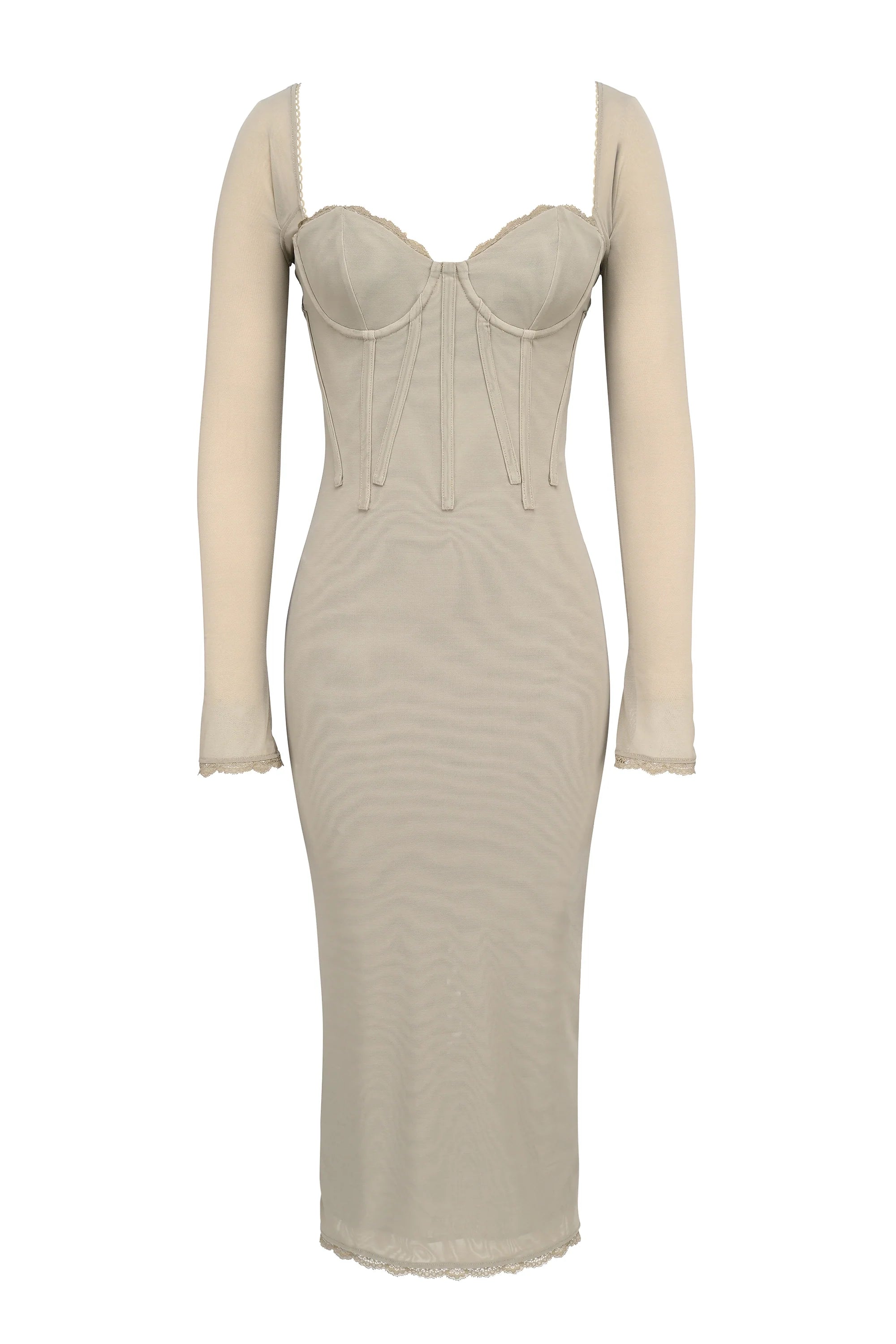 beige mesh long sleeve bodycon midi dress