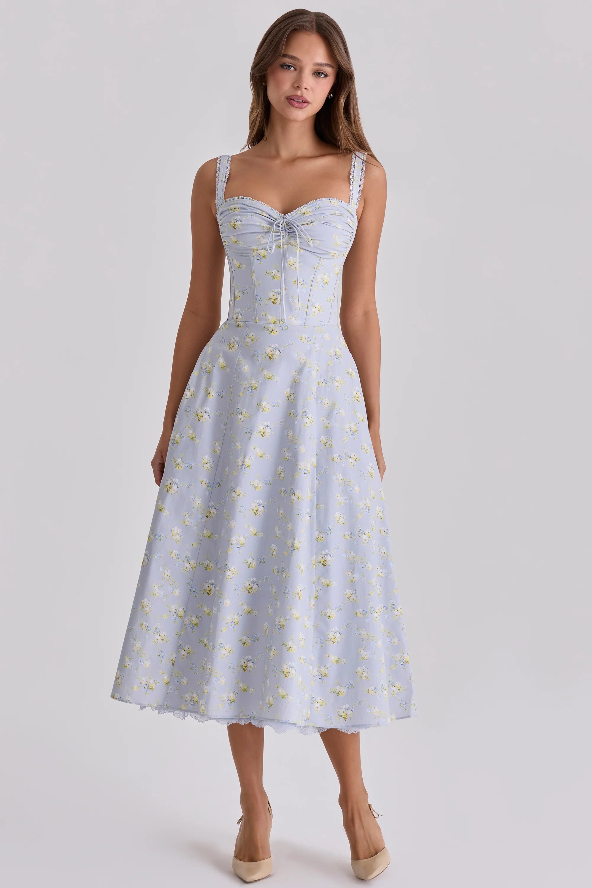 blue wildflower floral print midi dress