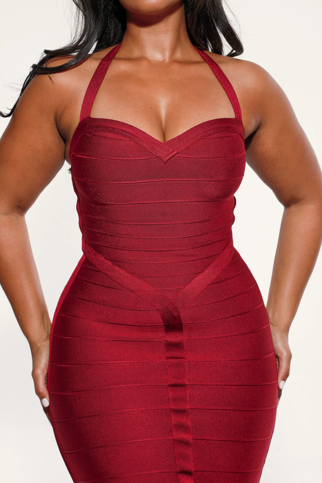 ruby halter neck bandage midi dress