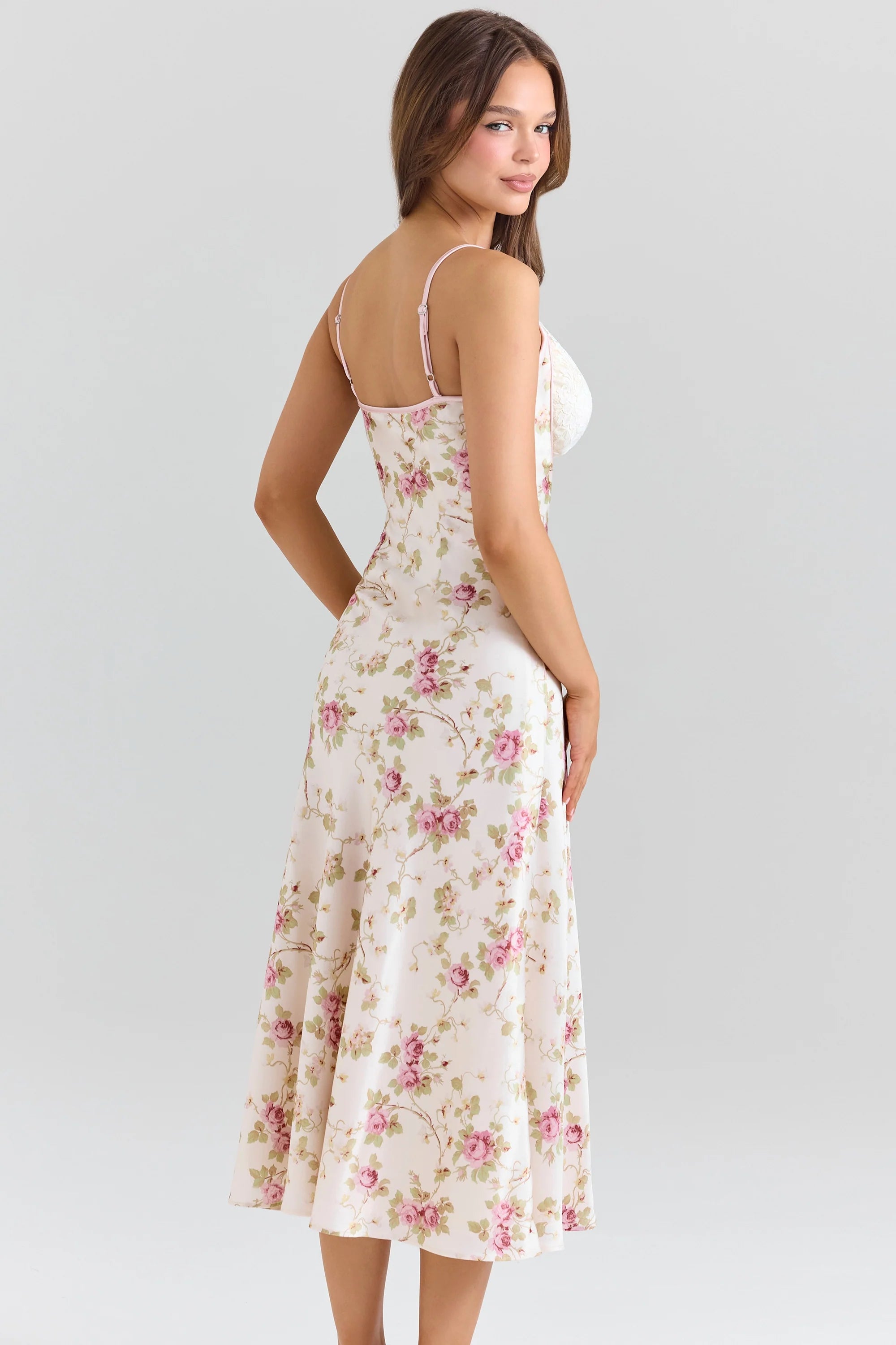 ivory floral print satin bias cut midi dress