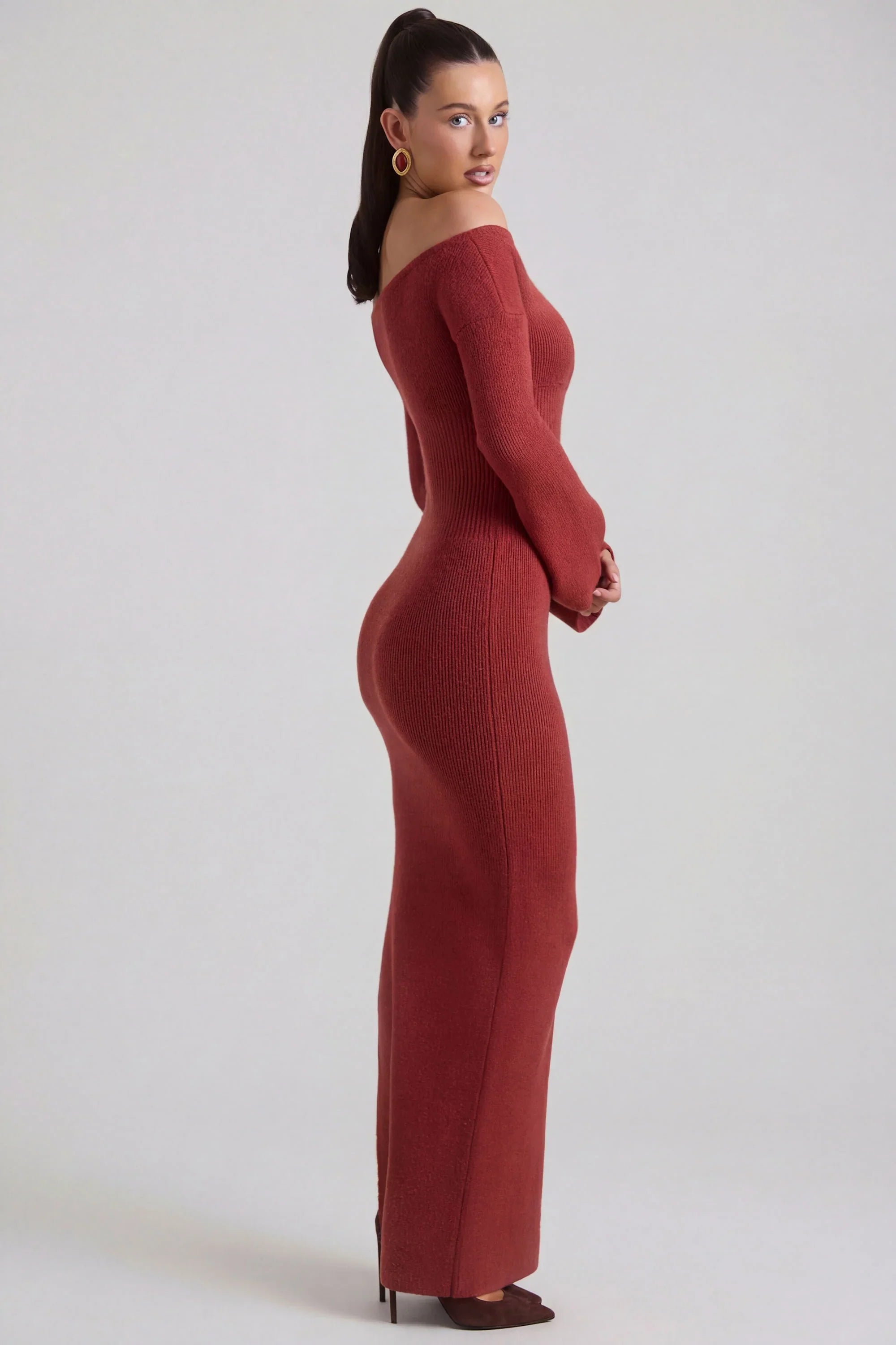 Ribbed-Knit Off-Shoulder Maxi Dress in Brick Red