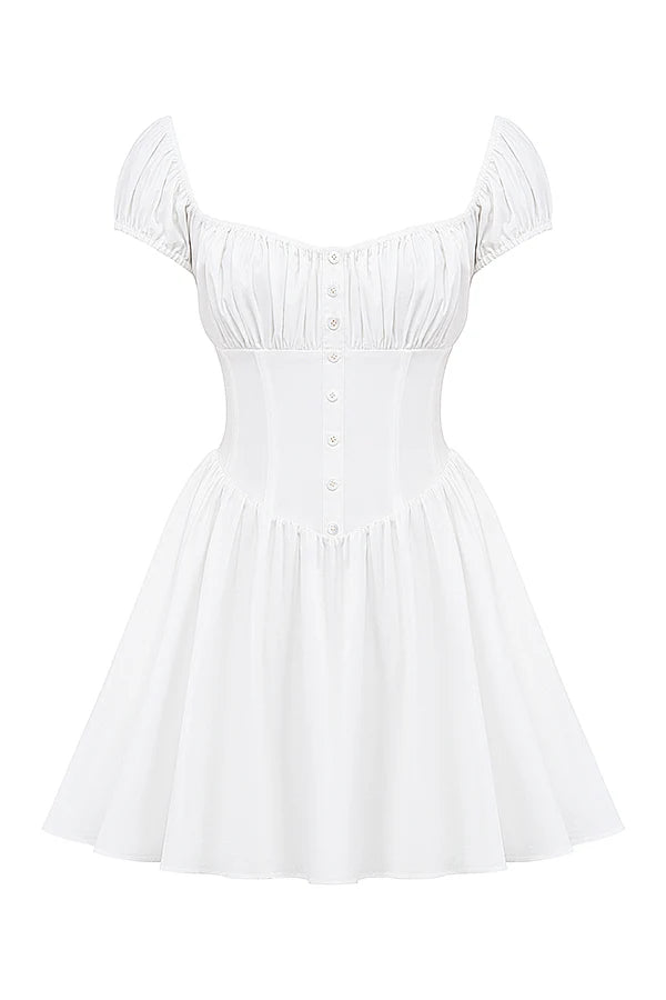 white cotton gathered mini dress