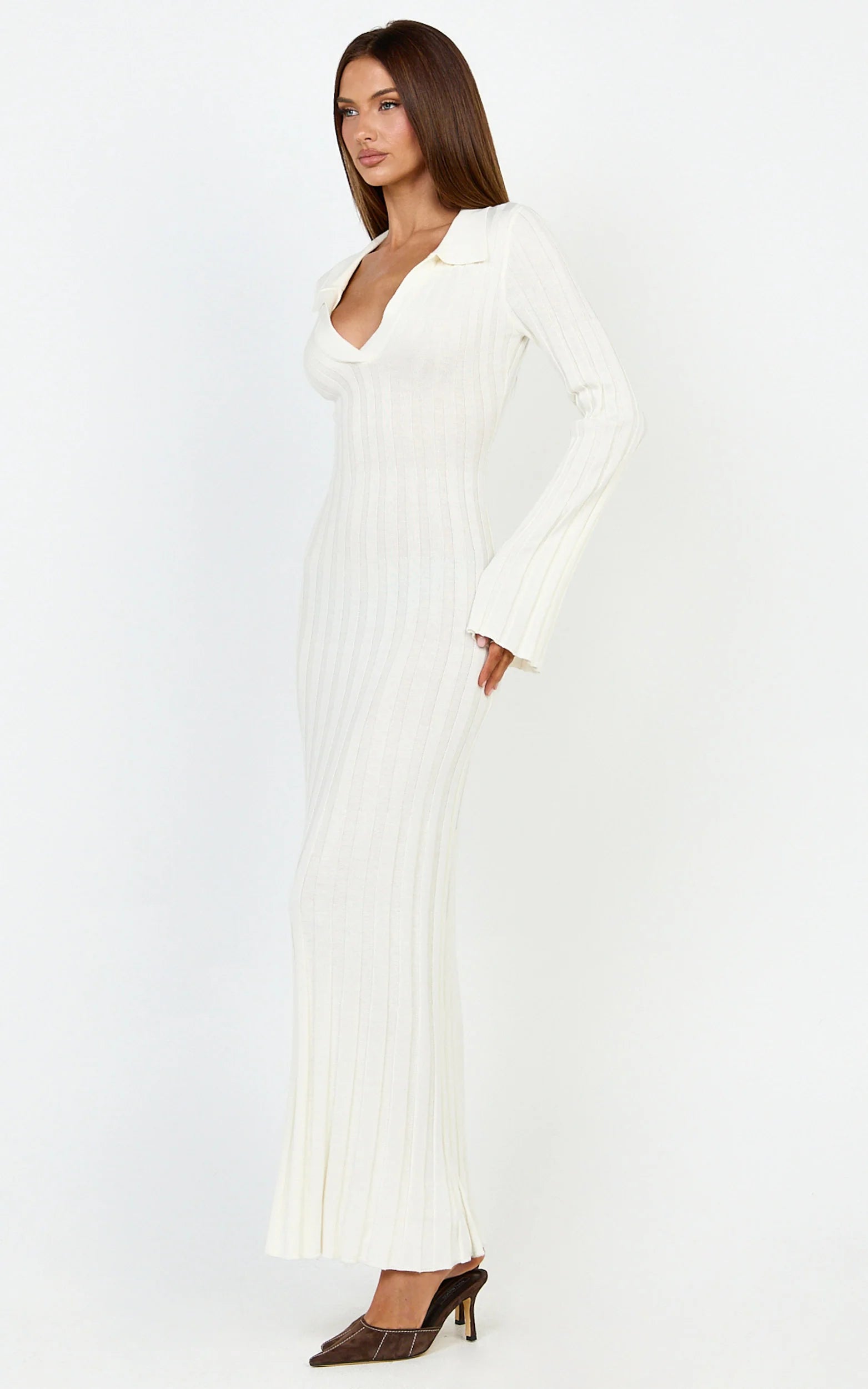 Pamela Midi Dress - Ribbed Knit Poli Midi Dress in Off White