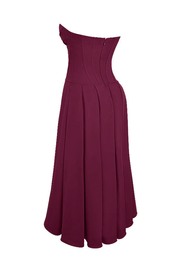 wine strapless midi dress