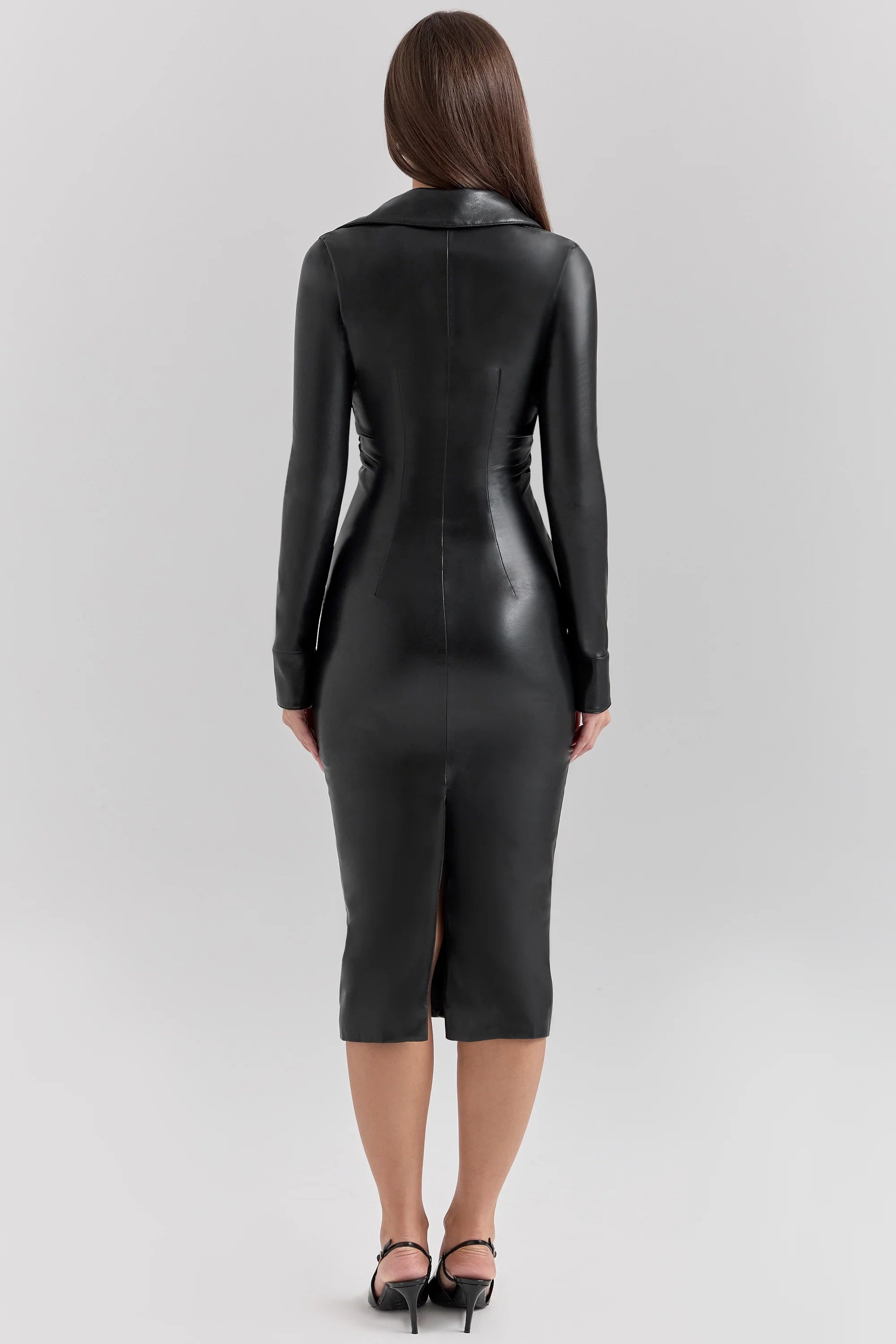 black vegan leather long sleeve midi dress