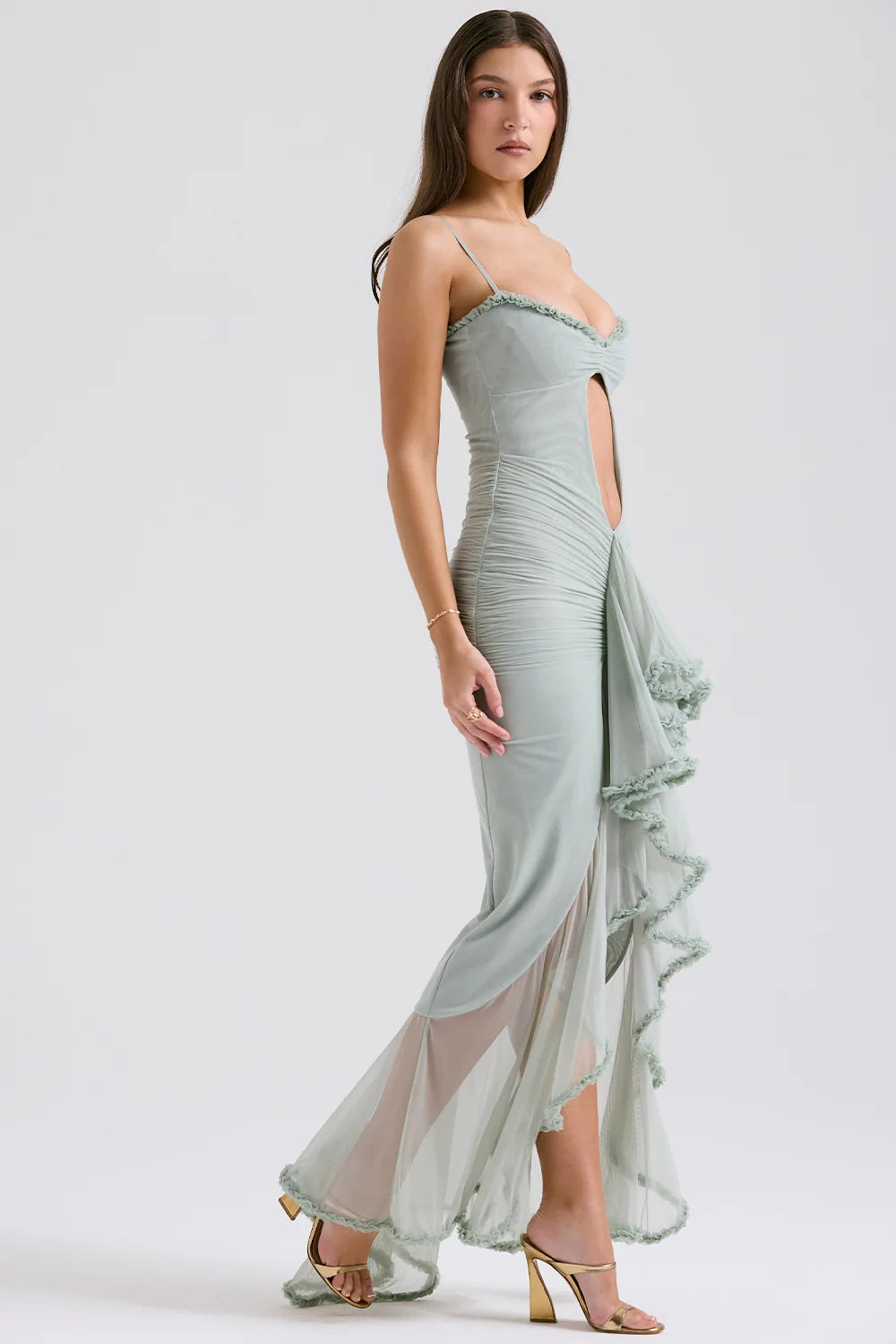pistachio ruffled front gown