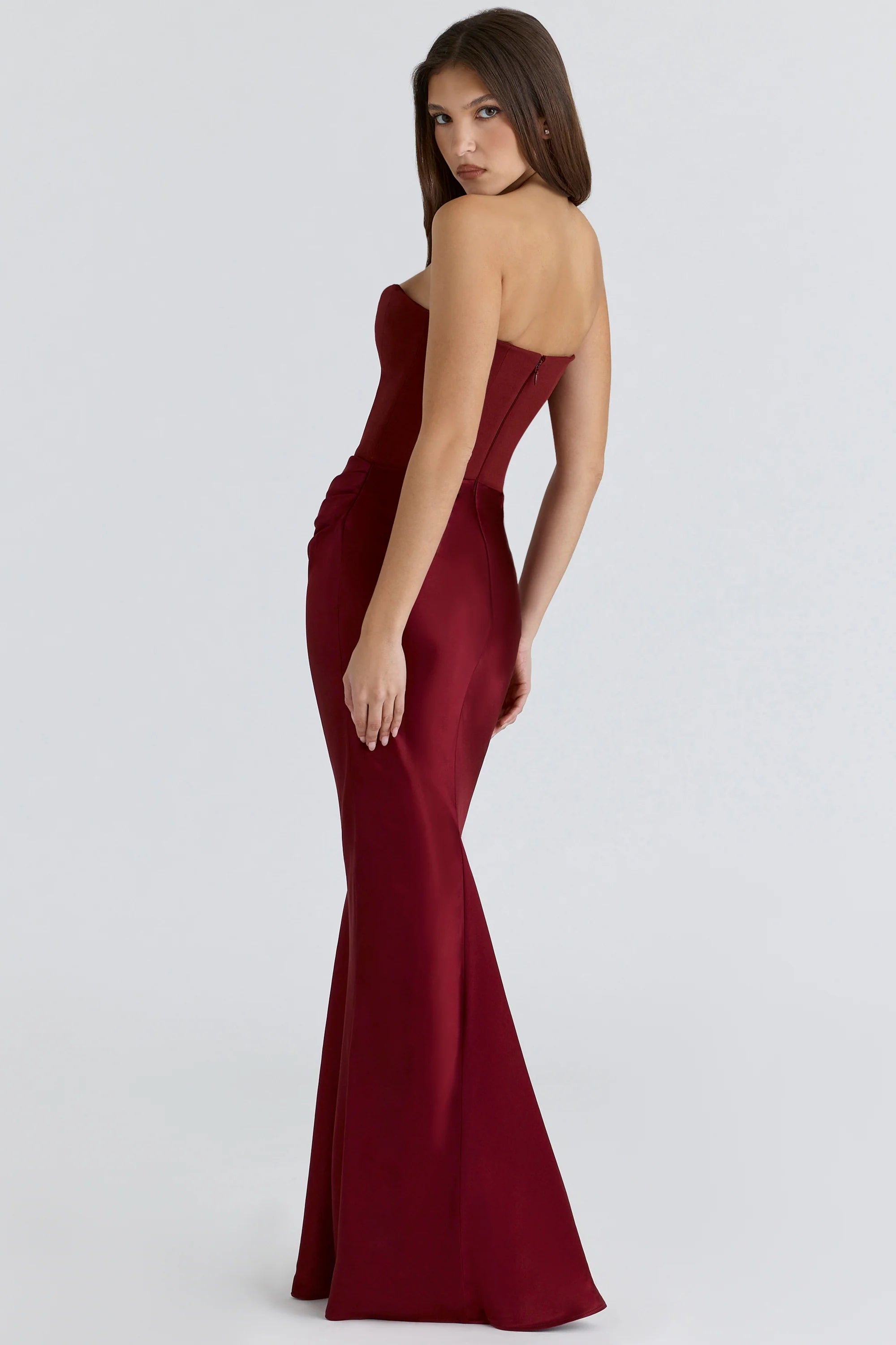 wine strapless corset maxi dress