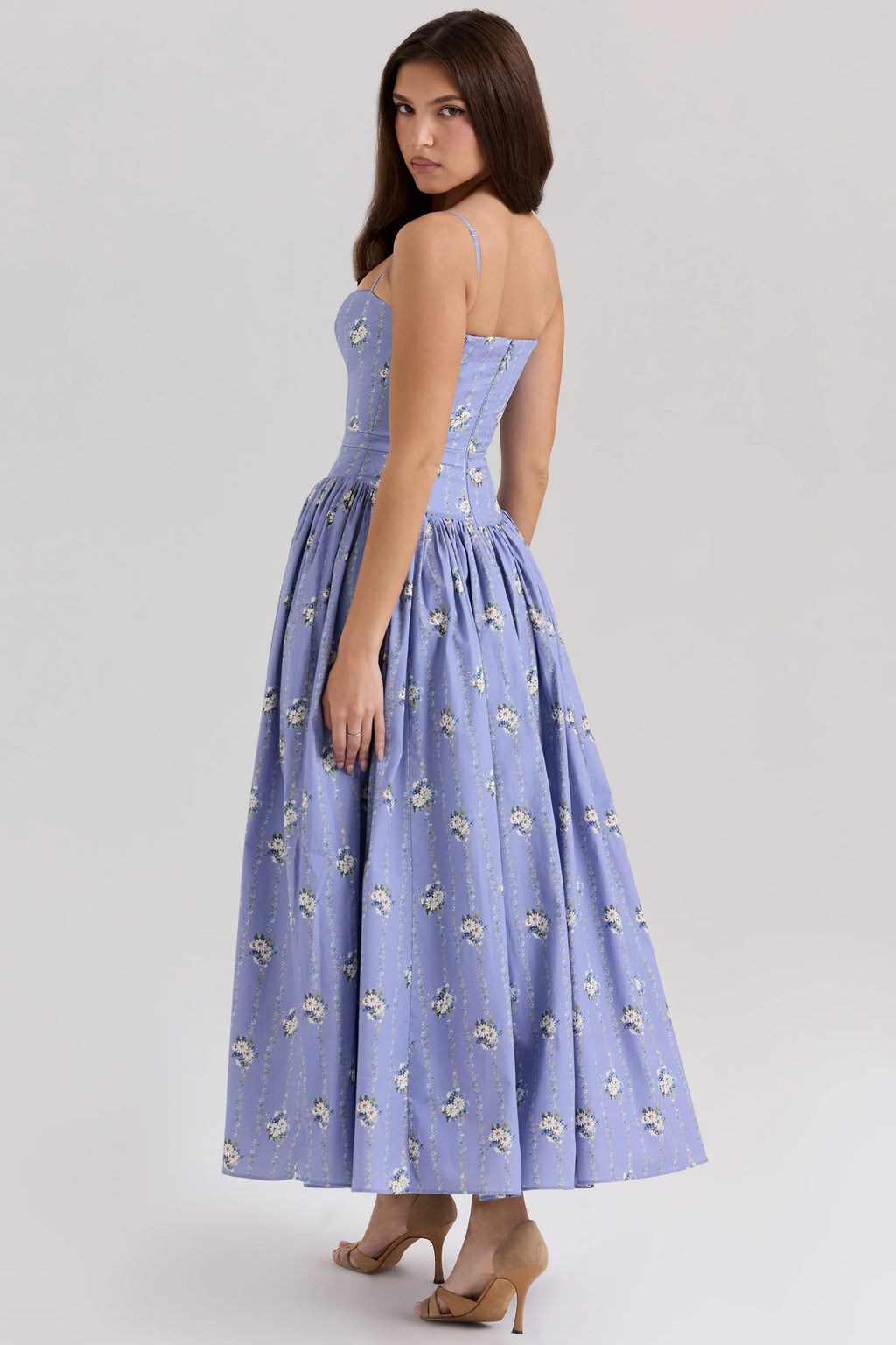 blue daisy print stretch cotton midi sundress