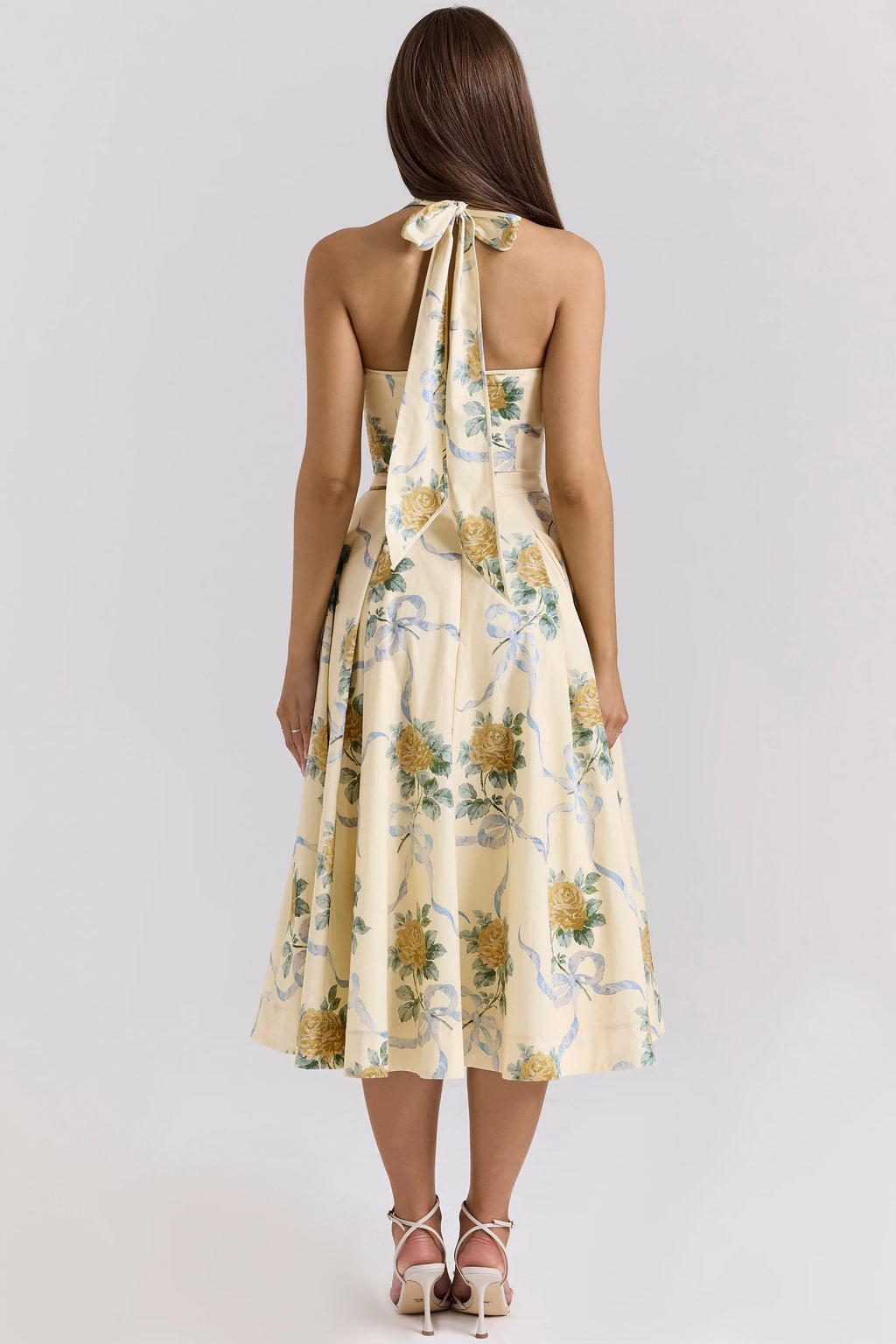 lemon ribbon stretch cotton halter midi sundress