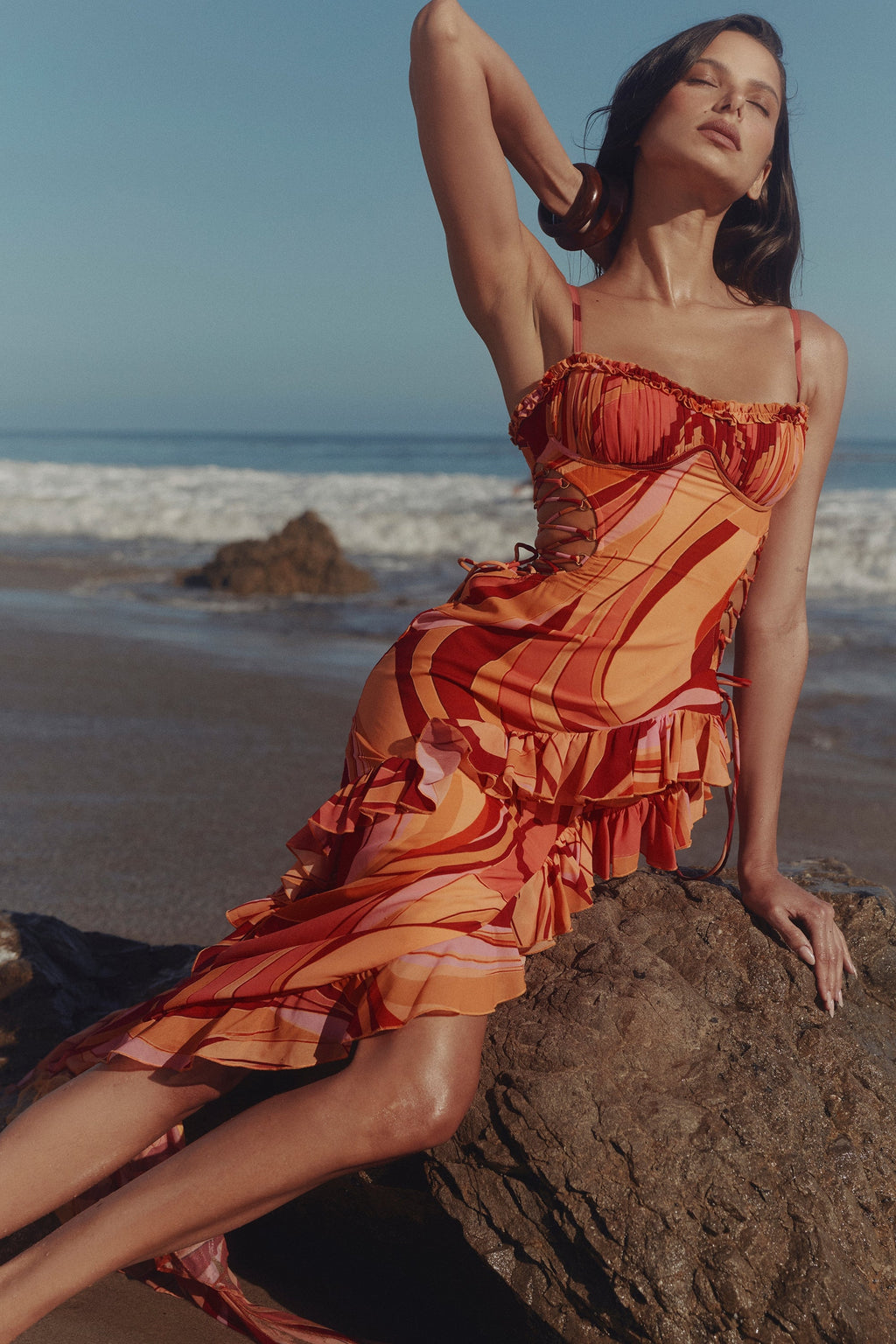 sunset swirl print ruffle cut out maxi dress