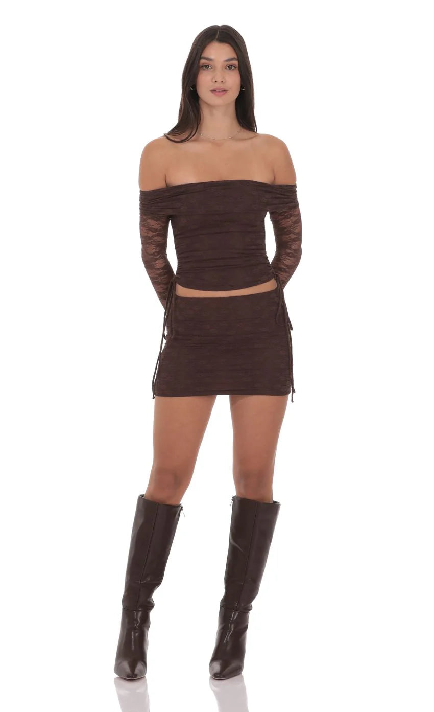 Lace Ruched Mini Skirt in Brown