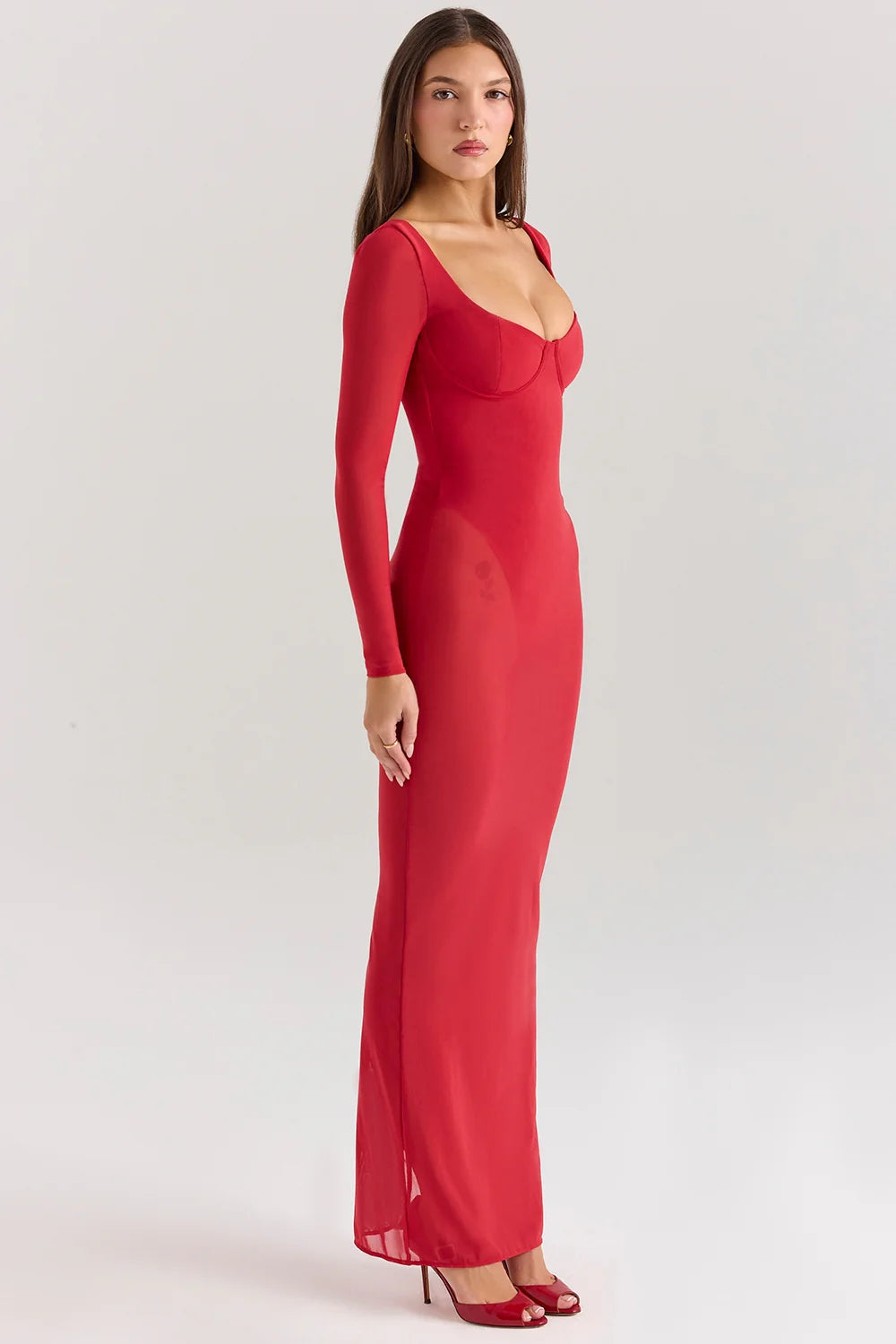 holly red mesh maxi dress with bodysuit
