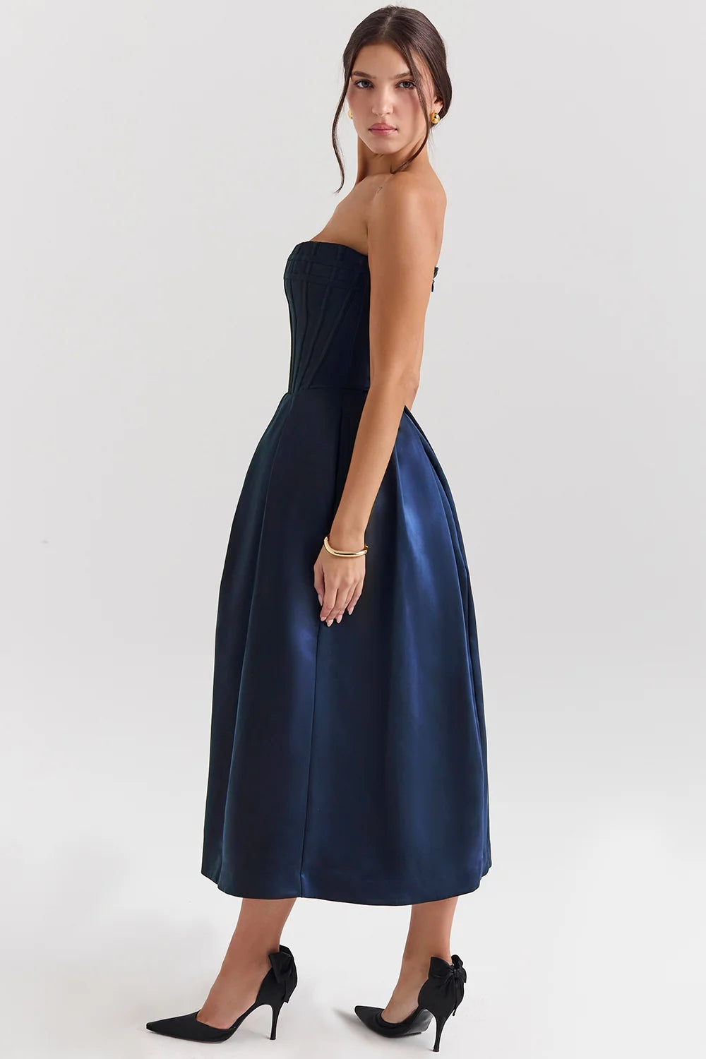 midnight blue strapless detachable bow midi dress