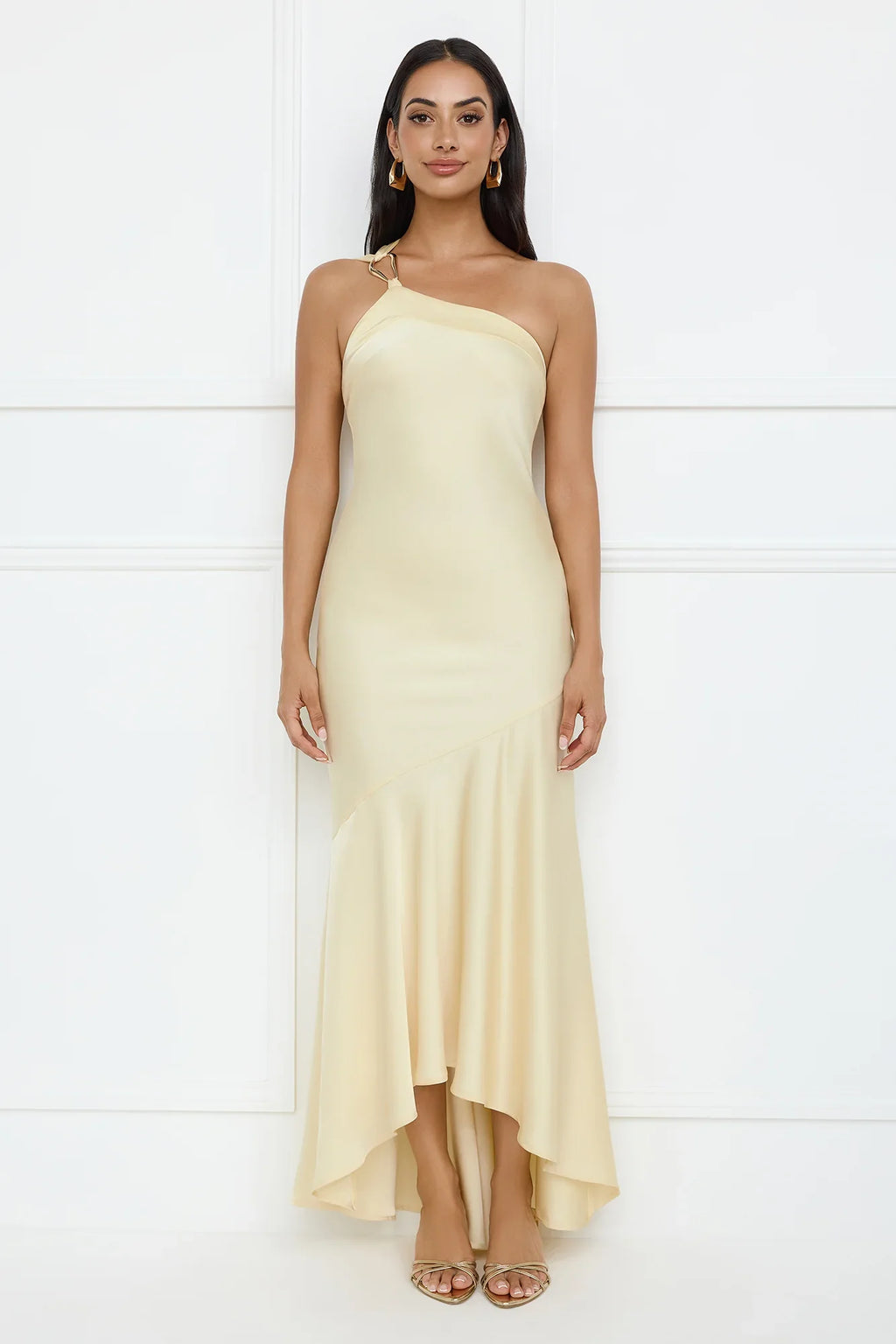 Masquerade Energy One Shoulder Satin Maxi Dress Yellow