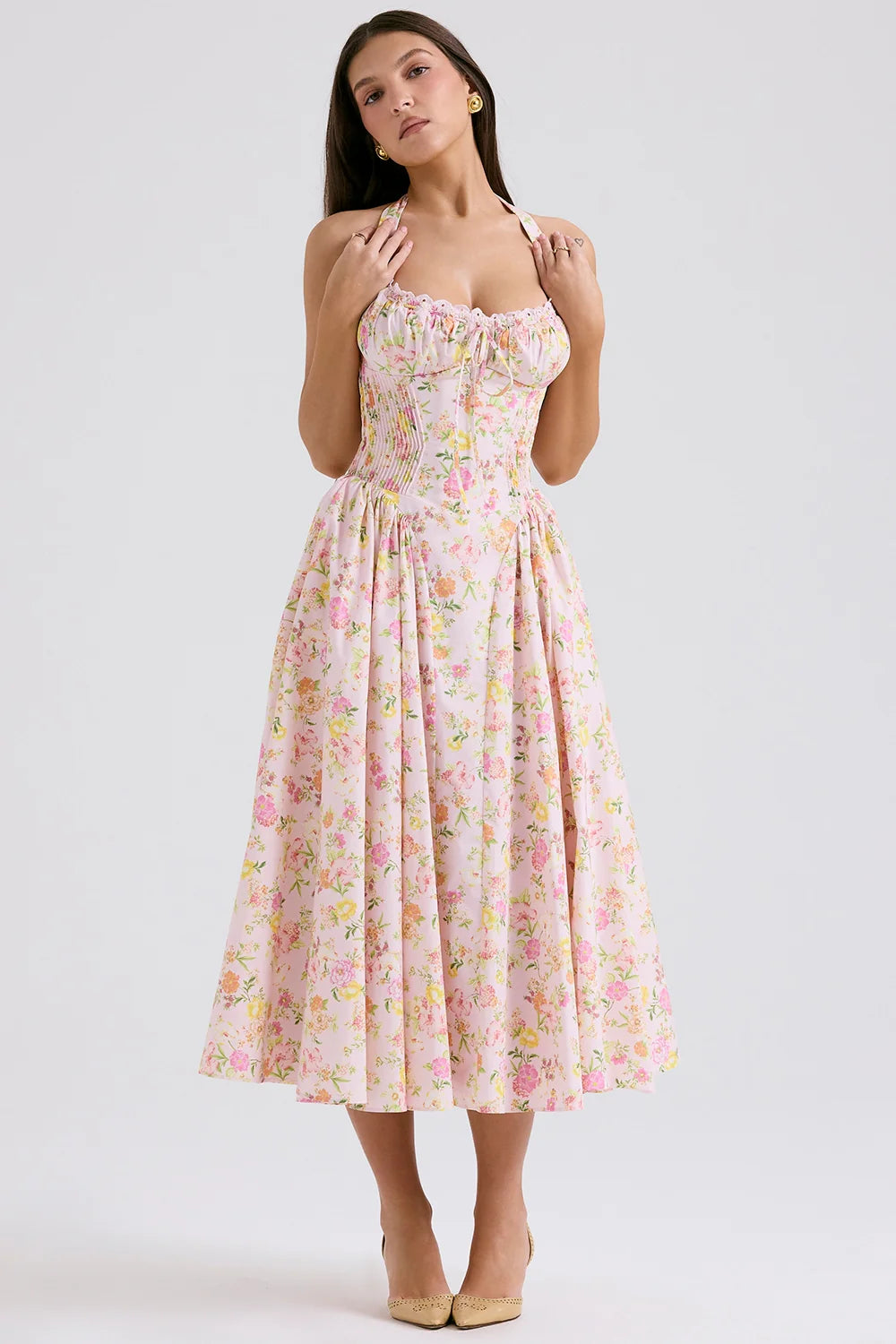 pink meadow print cotton halter midi sundress