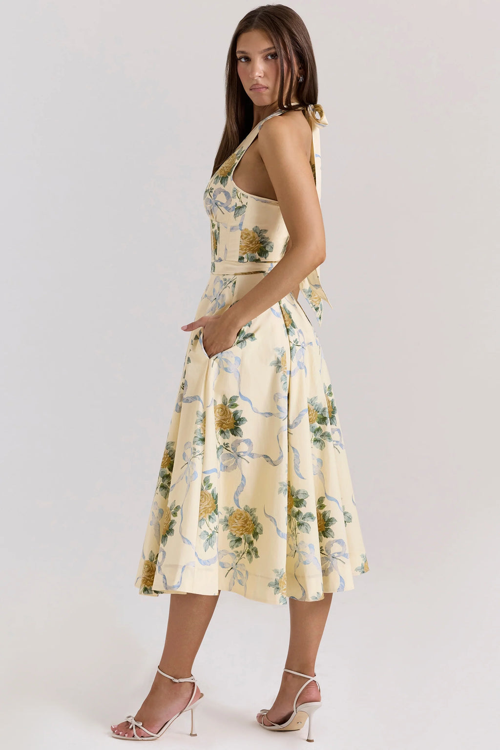 lemon ribbon stretch cotton halter midi sundress
