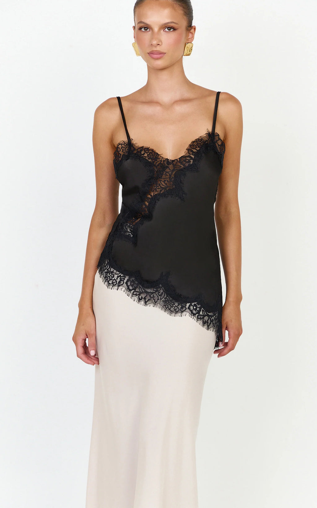 Ava Top - Lace Trim Asymmetrical Camisole Top in Black