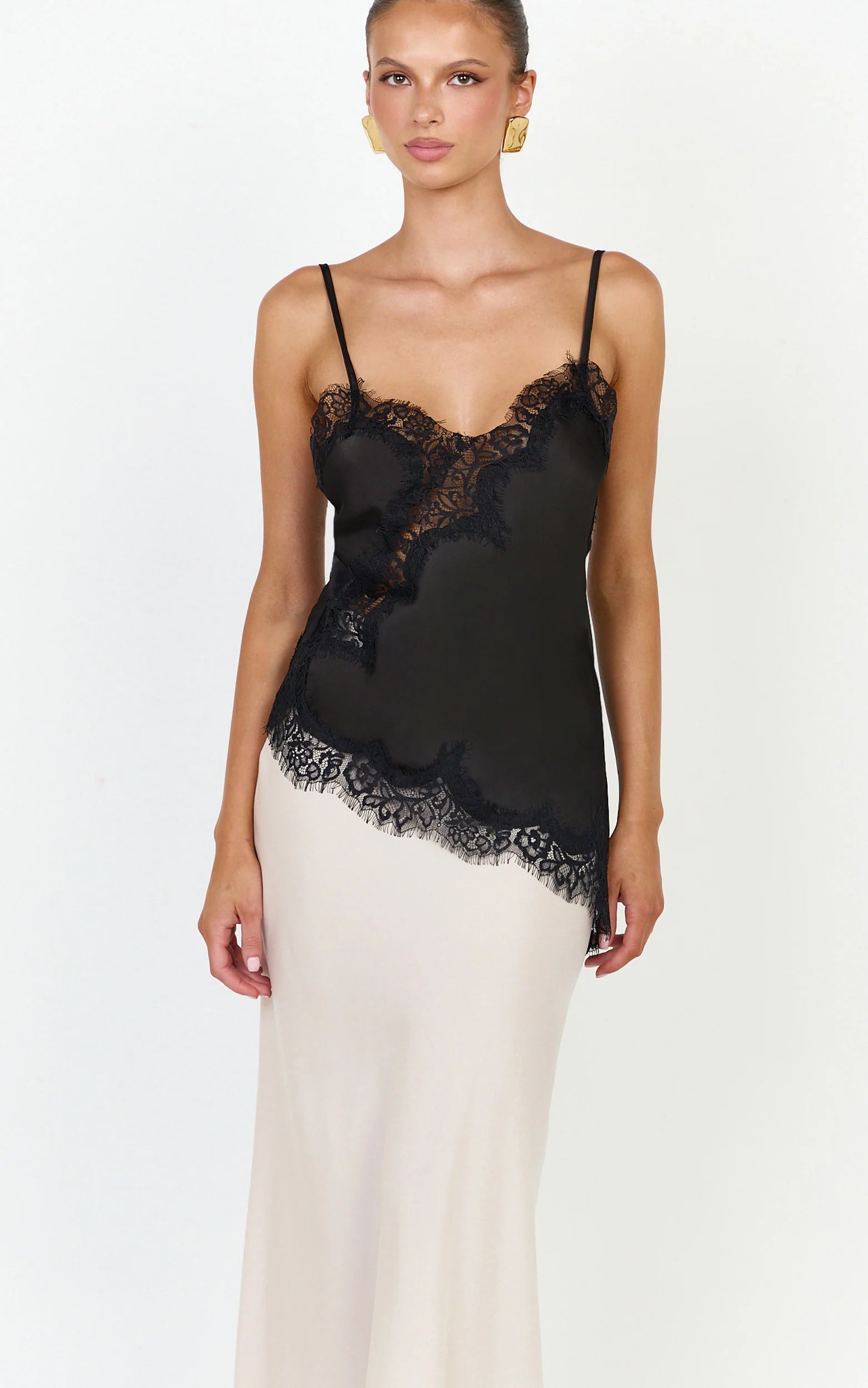 Ava Top - Lace Trim Asymmetrical Camisole Top in Black