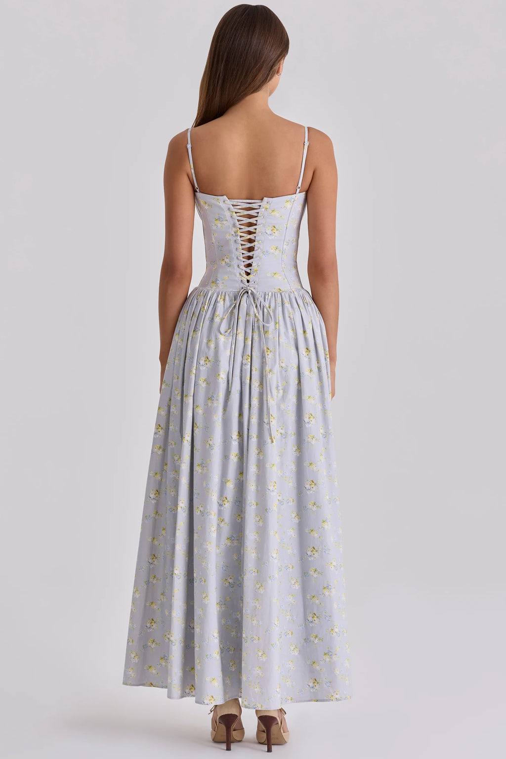 blue wildflower print cotton lace up maxi dress