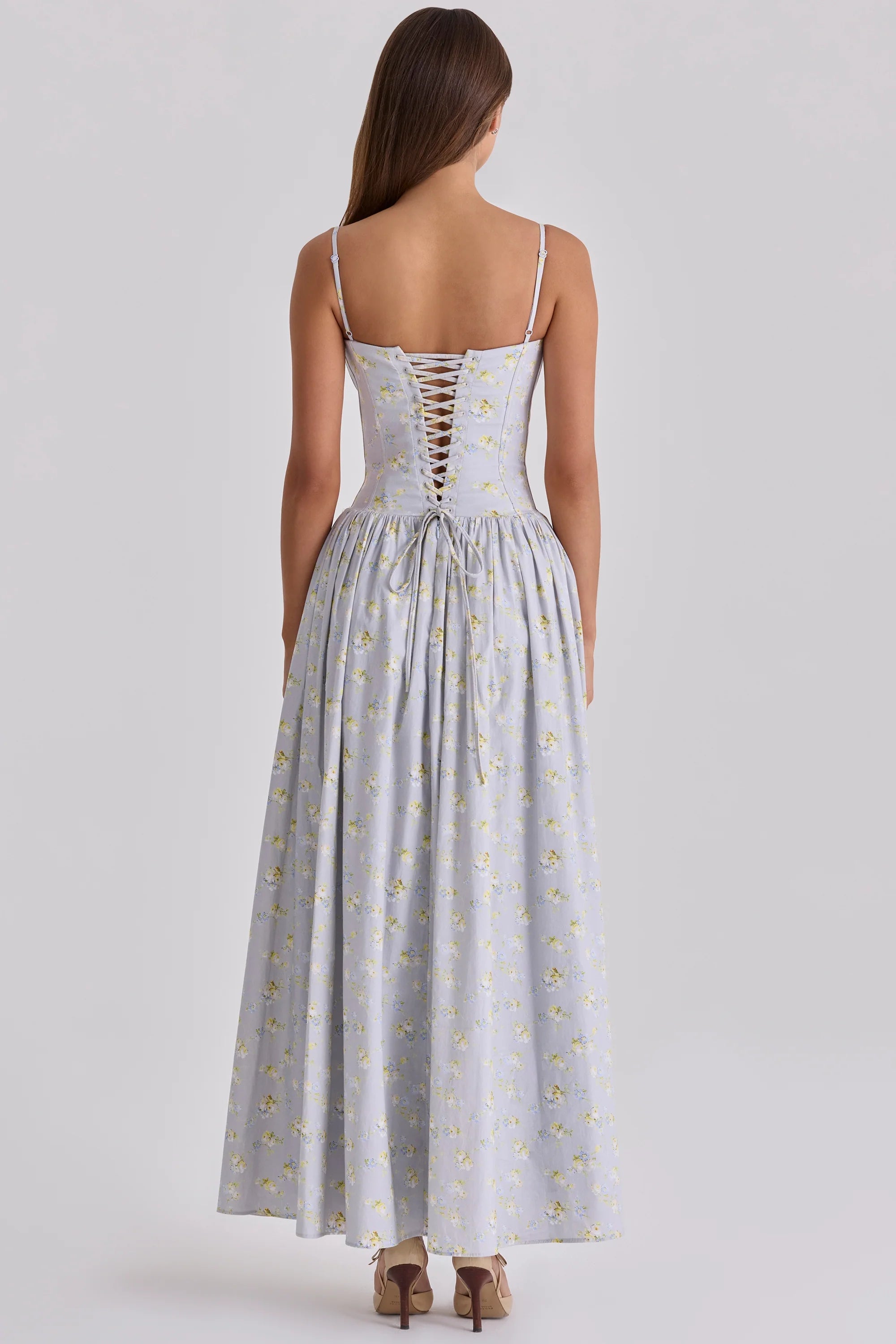 blue wildflower print cotton lace up maxi dress