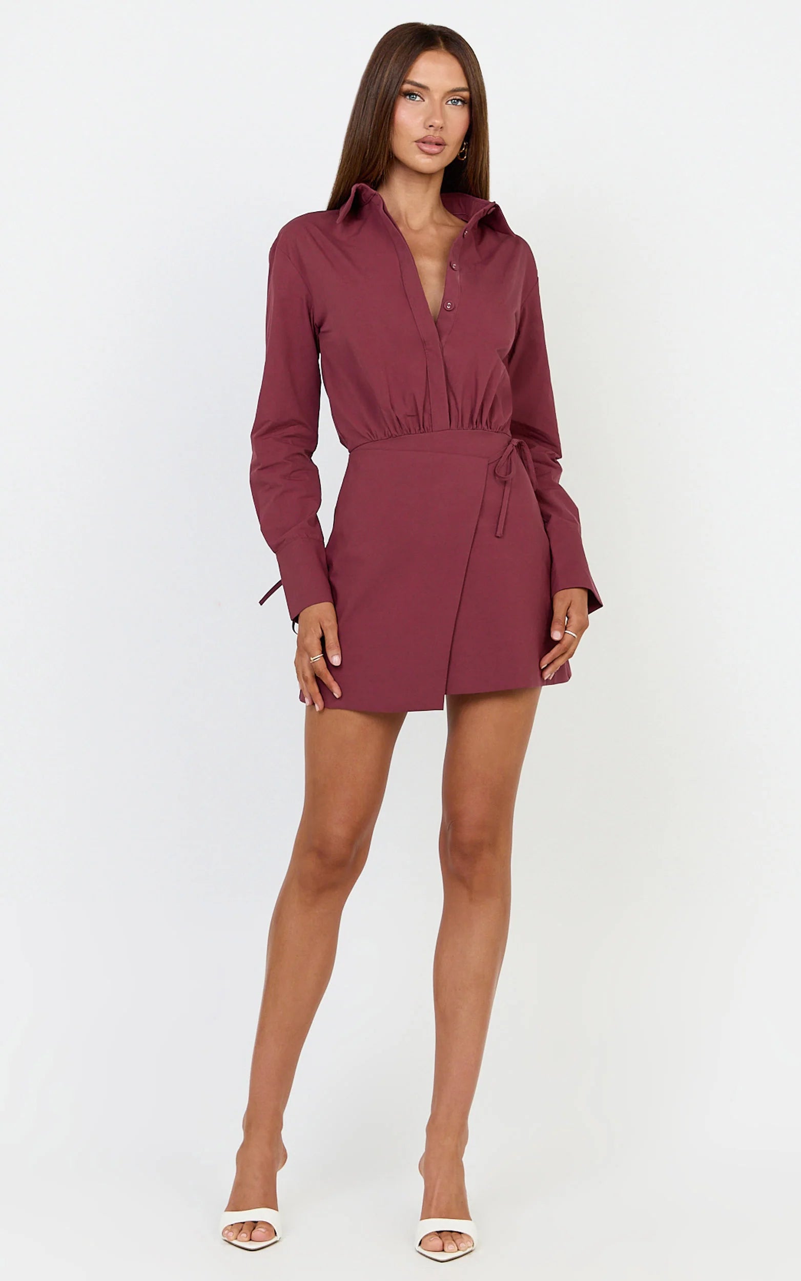 Heath Mini Dress - Collared Button Up Shirt Dress in Wine