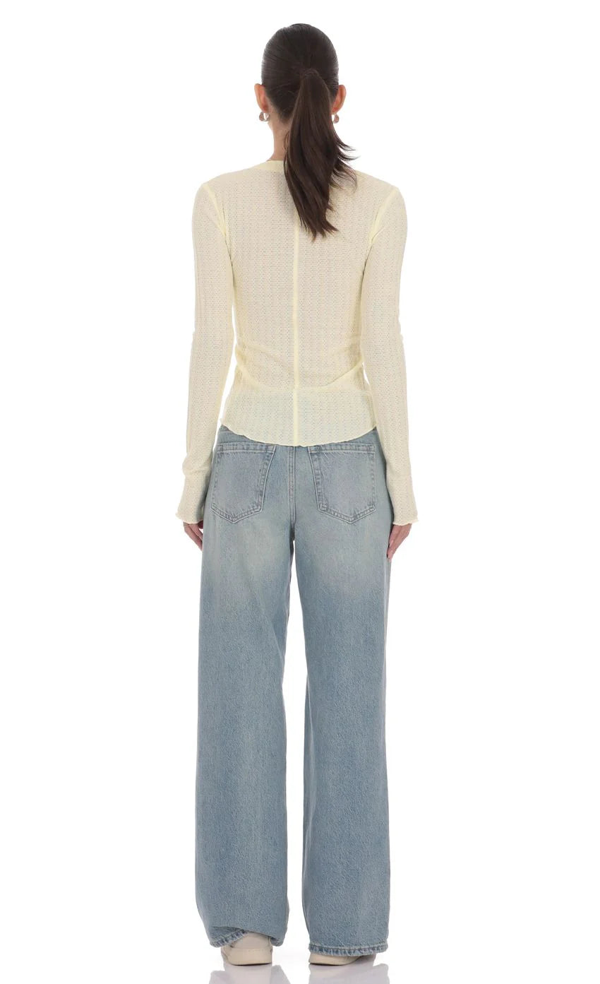 Textured Ribbed Button Top in Pastel Yellow