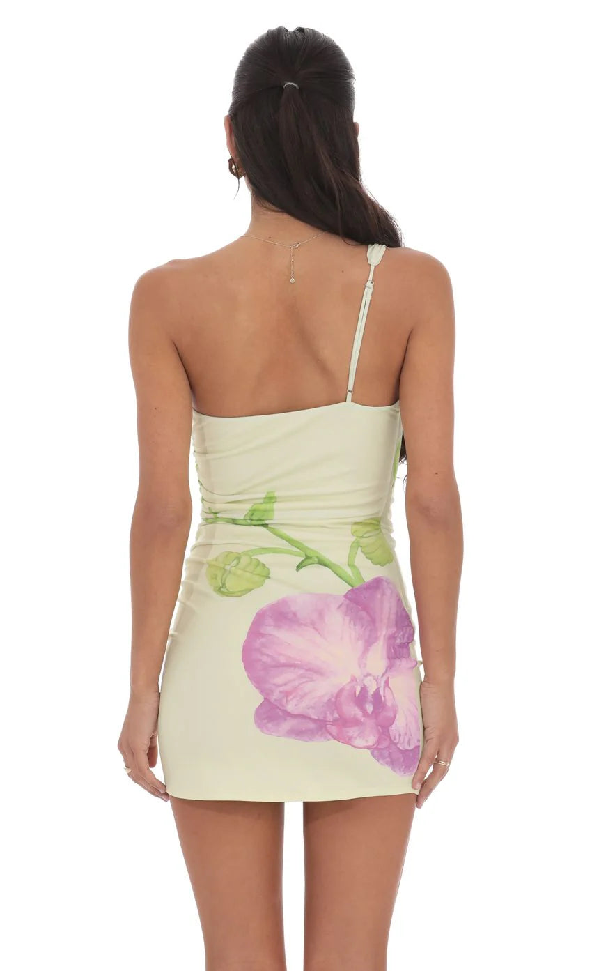 One Shoulder Floral Print Dress in Pastel Green